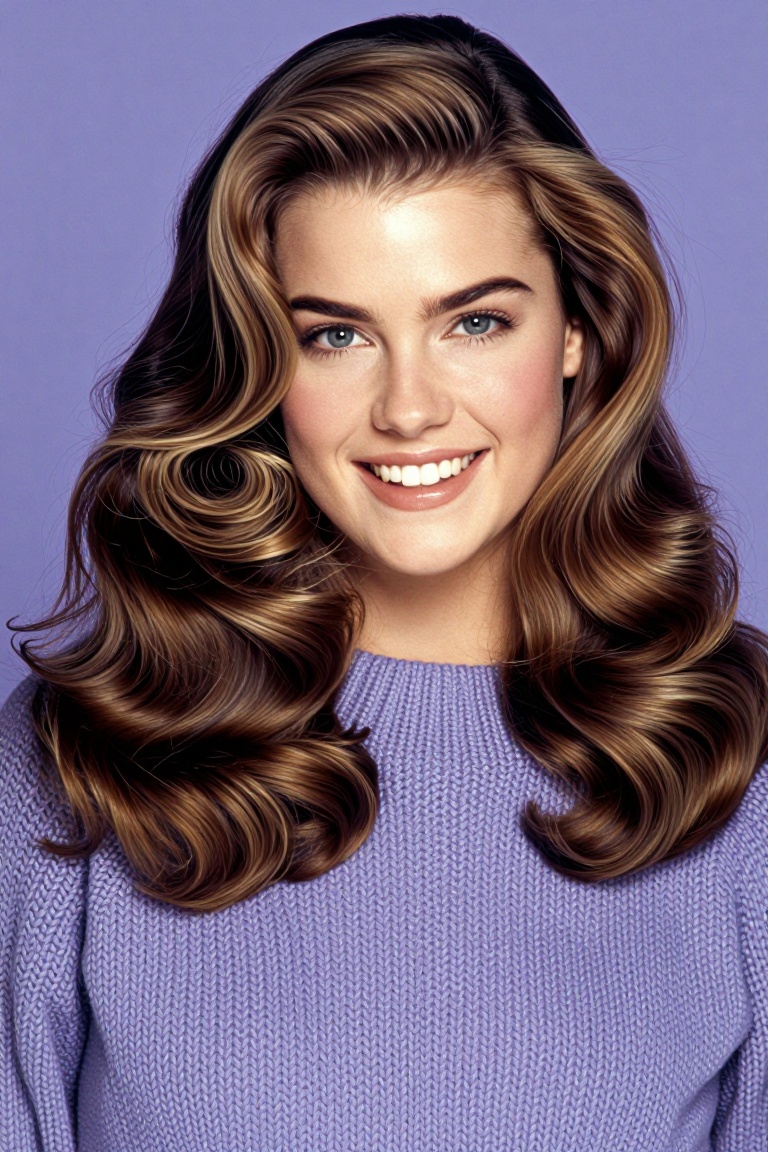 a woman with long,  voluminous,  honey-brown hair styled in soft on Tensor.Art