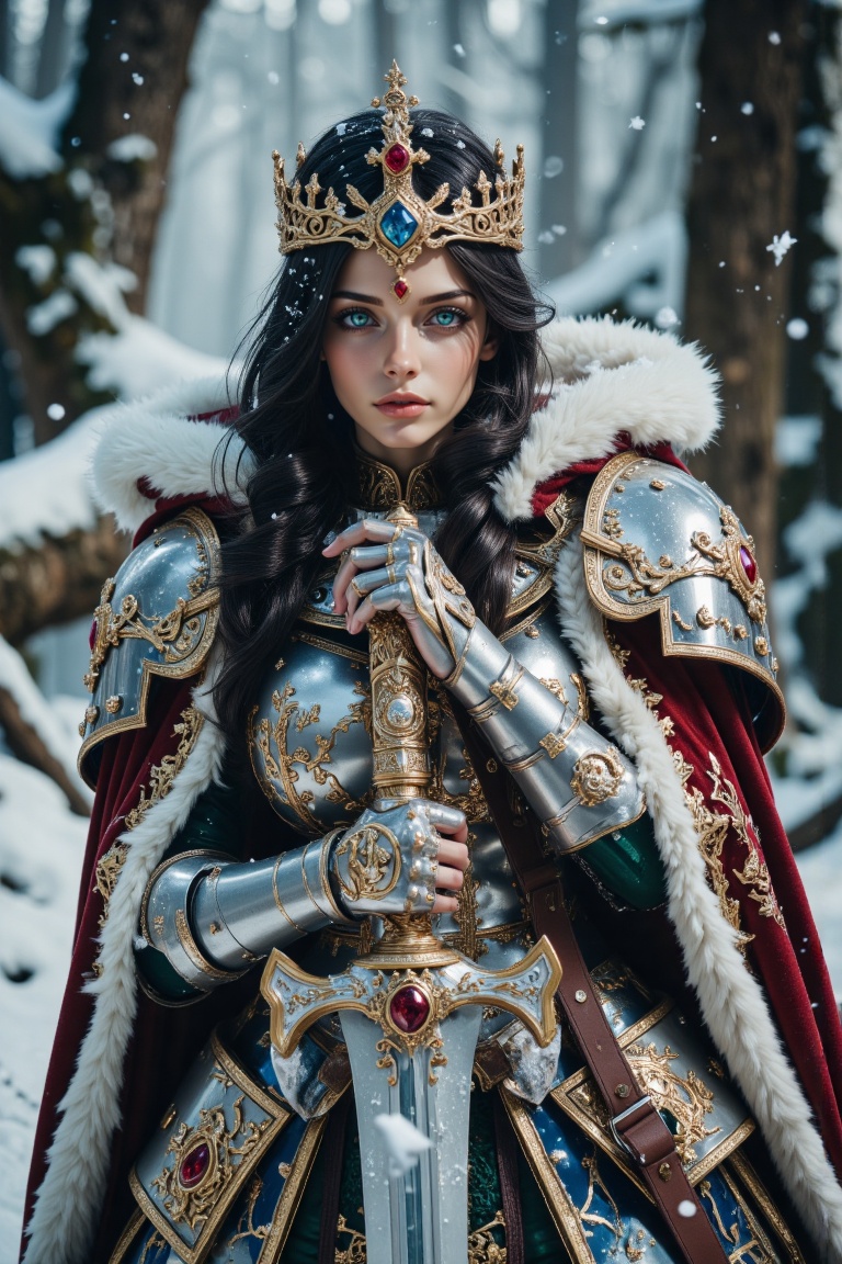 A majestic and powerful warrior queen stands tall and powerful on a large snow-covered fallen log,  legs apart in a comman...