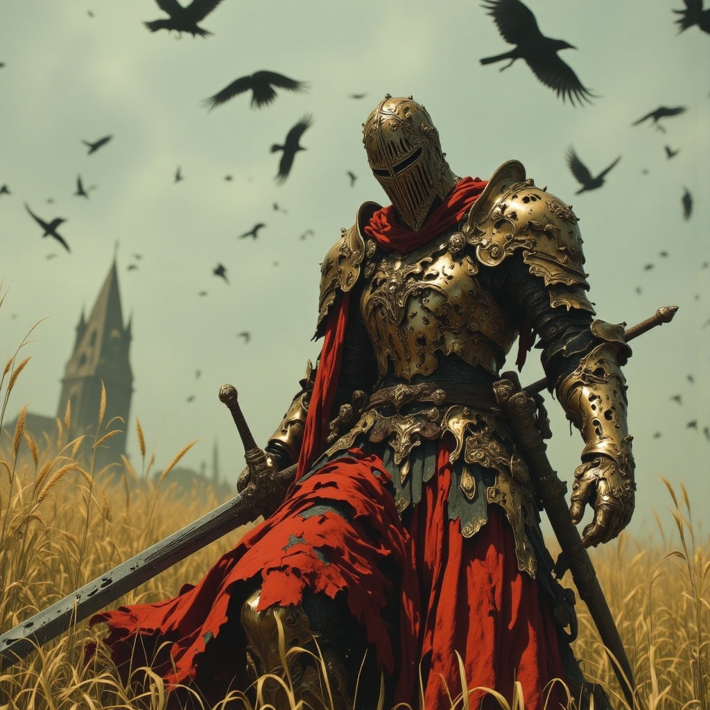 A cinematic,  full-body shot of a battle-worn knight in detailed gold plate armor walking through a tall,  golden grass fi...