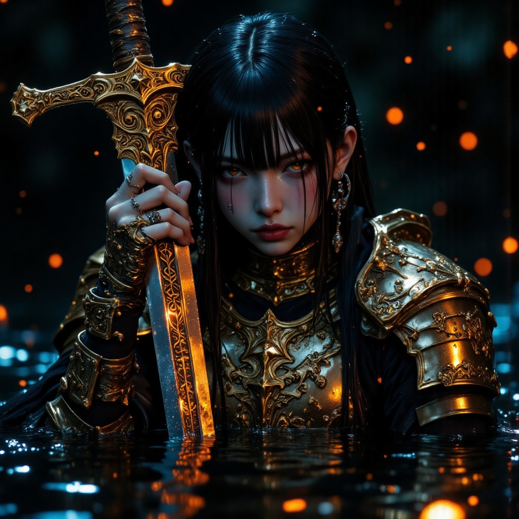 A hyper-realistic cinematic portrait of Sumi,  a beautiful 28-year-old female mercenary warrior kneeling in dark,  ripplin...