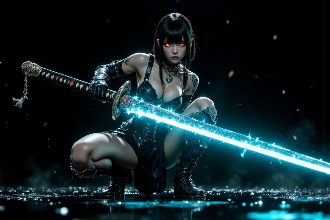 "subject": { "identity": "femme fatale warrior",  "ethnicity": "East Asian / Japanese-inspired",  "features": "Delicate ye...