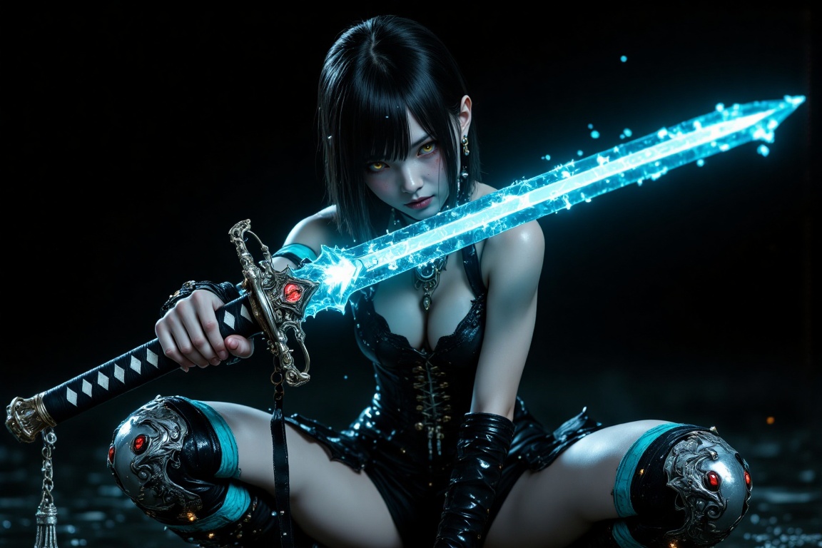 "subject": { "identity": "femme fatale warrior",  "ethnicity": "East Asian / Japanese-inspired",  "features": "Delicate ye...