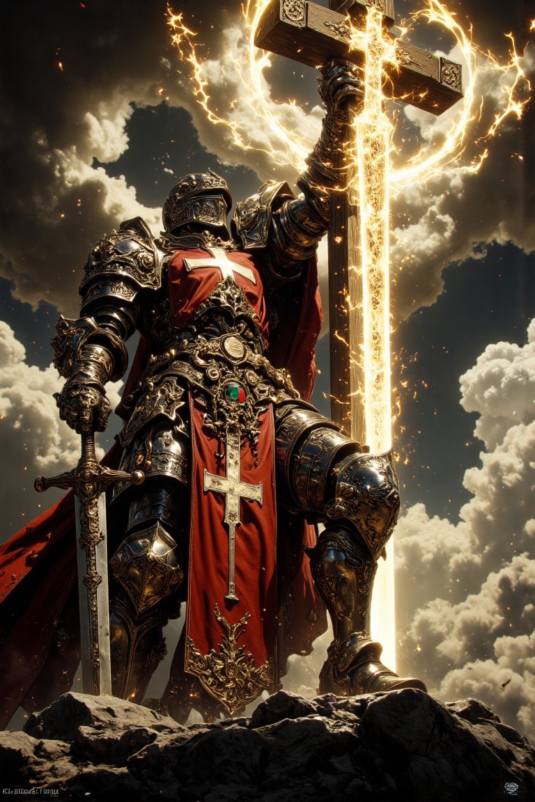 A dramatic fantasy illustration of a medieval knight in full ornate plate armor,  wearing a long flowing red cape with a l...
