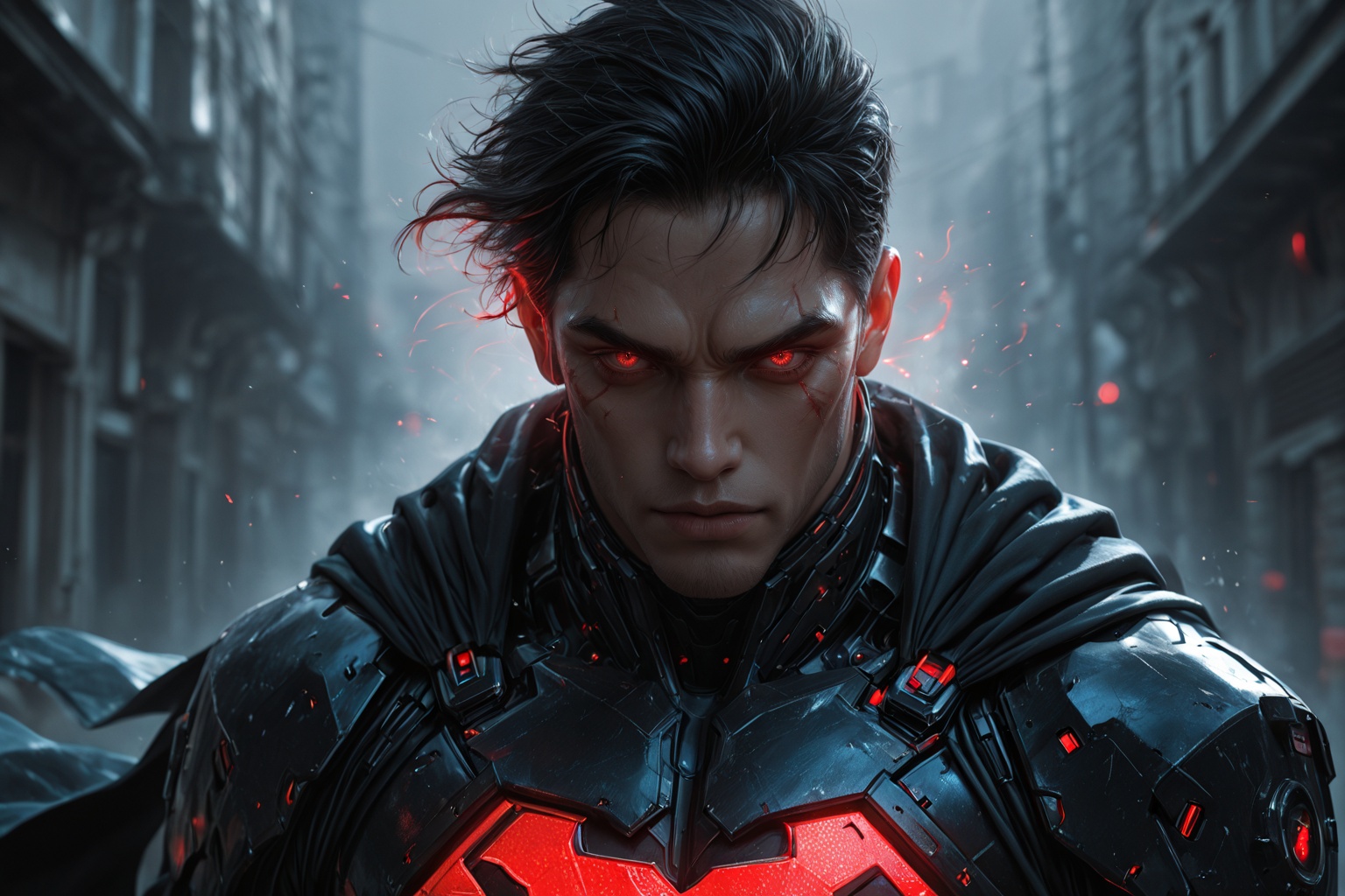 ......... ),  ((Superman)) in futuristic black armored suit with glowing red neon accents,  open detailed face fully visib...