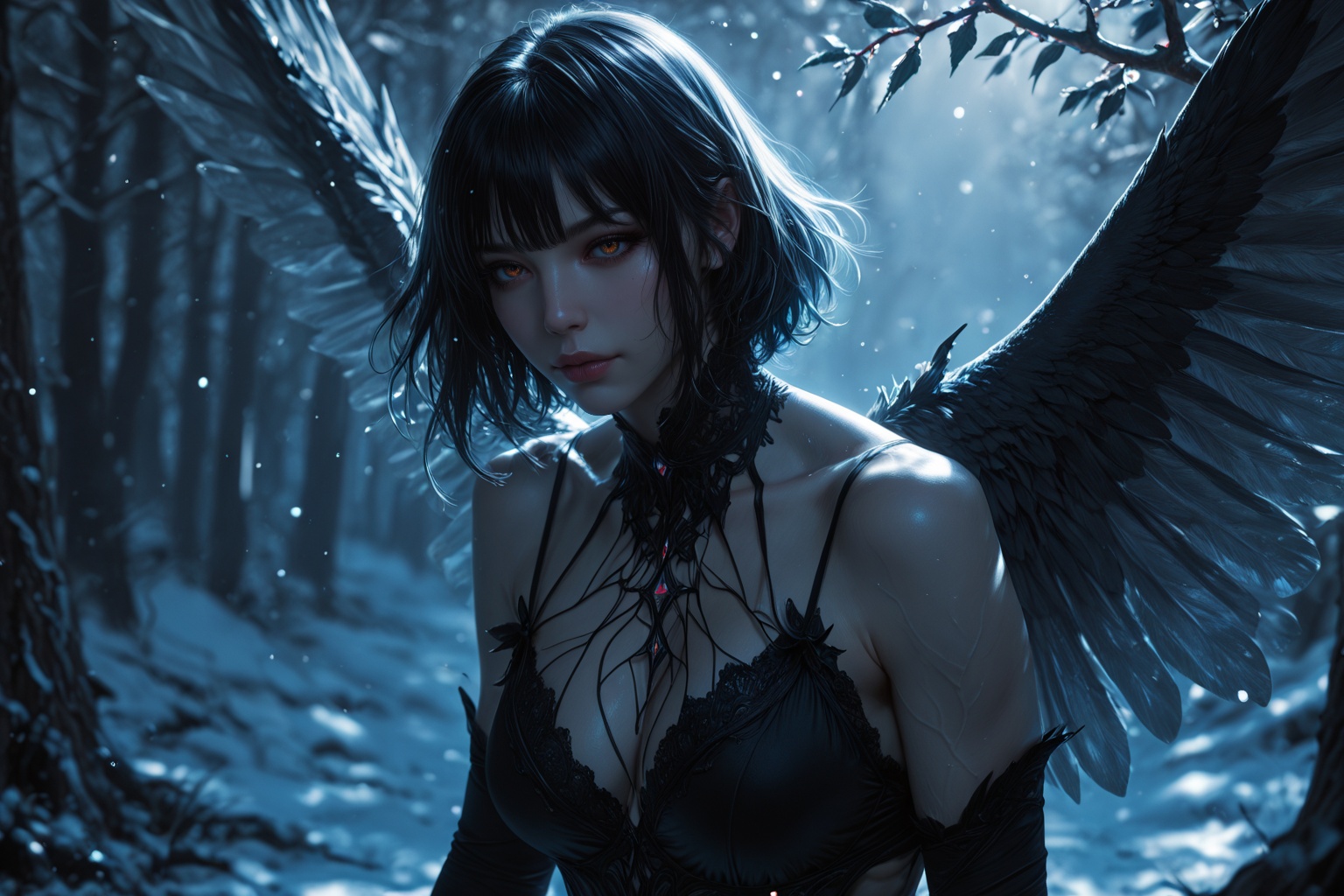 ......... . ),  Among ice‑encased trees,  a tiny being lights on a frosted branch. Her lingerie is spun from snowflakes an...