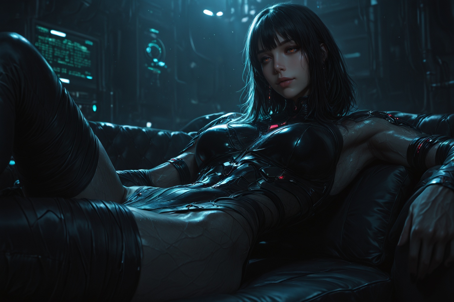 ......... . Body wrapped in flowing binary code ribbons. Sultry face,  eyes like scrolling displays. Pose: reclining on da...