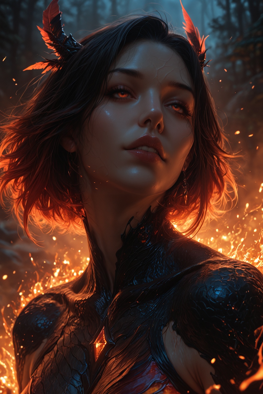 ......... Among smoldering trees,  a massive phoenix broods over its chicks. Its feathers glow like embers in the crimson...