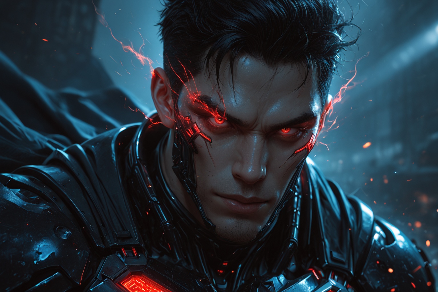 ......... ),  ((Superman)) in futuristic black armored suit with glowing red neon accents,  open detailed face fully visib...