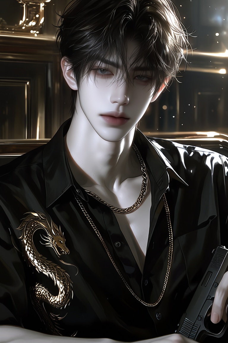 1male,  solo,  A young man with pale skin and tousled black hair sits in a dark by Aily on Tensor.Art