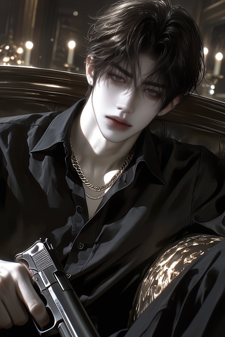 1male,  solo,  A young man with pale skin and tousled black hair sits in a dark by Aily on Tensor.Art