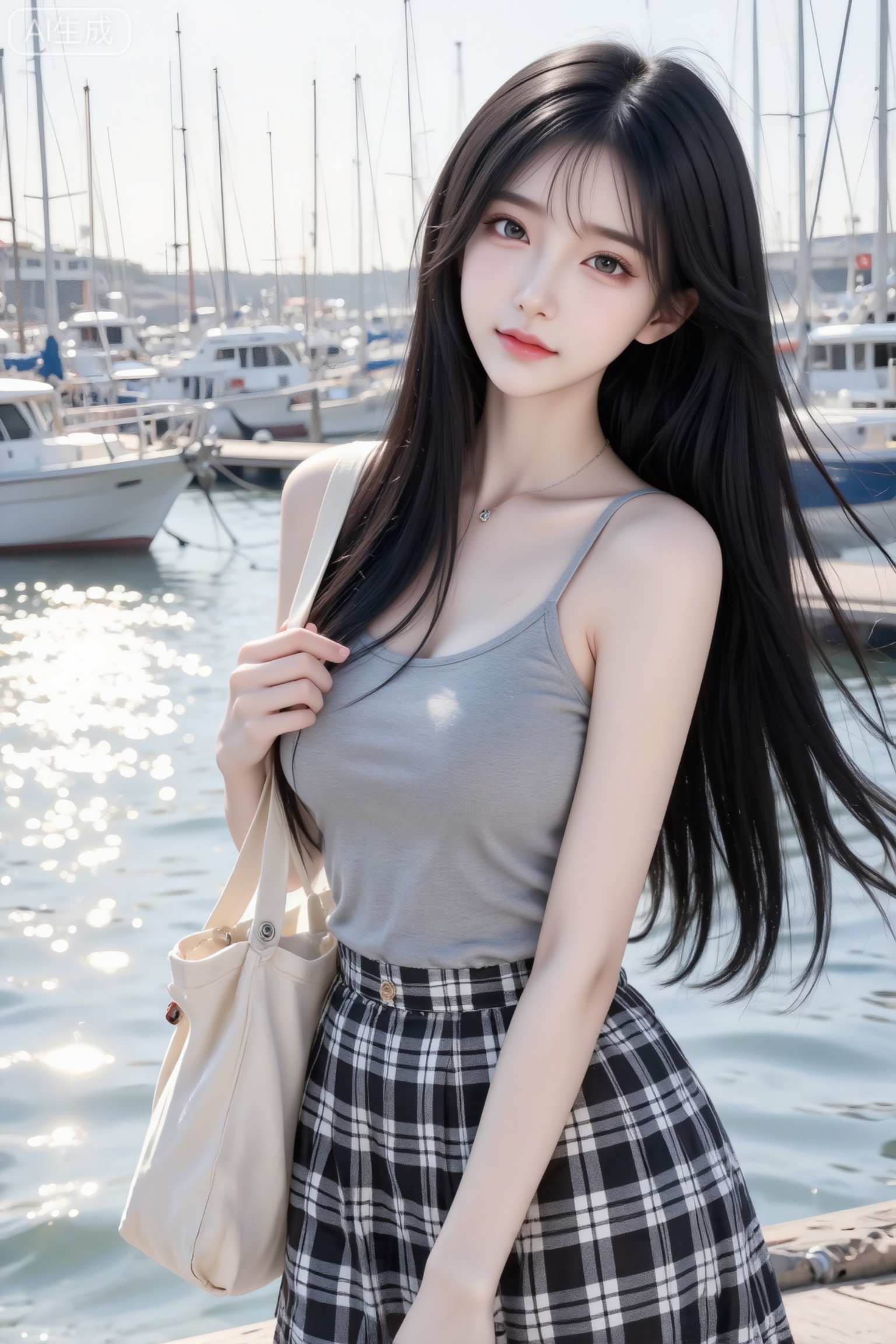 杰作级画质,顶级图像精度,超高清细节渲染,单人女性角色,（黑色亮丽的长发：1.4）,（比例优越的纤细长腿：1.3）,（肌肤白皙光滑的匀称美腿：1.4）,（挺拔饱满的D 罩杯曲线：1.4）,（精致立体的美颜五官：1.4）,美颜全开,光滑油亮的皮肤,水嫩的肌肤,一个女孩,
真实摄影,身穿灰色吊带背心、黑白格纹长裙,肩背米白色帆布包,身处码头场景（背景有大量停靠的船只,水面波光粼粼,光线温暖）,整体风格清新、休闲,充满海滨码头的氛围感,（电影级面光：1.6）,（光线追踪：1.5）,（冷白皮漫感质感的光滑皮肤：1.7）,（人物有最好的骨相：1.2）,（网感脸：1.6）,身材完美,莫兰迪配色,高颜值网红,INS风,幼态脸,19岁女生尖下巴,三庭五眼比例均衡,身材娇小,细腻陶瓷水嫩肌肤,偏冷白皮,随机的妆容,随机的饰品,随机的动作,侧光,发丝轻飘,凌乱,随机角度拍摄,总体有很多的不确定性,但又好看,
风格甜美少女系,氛围慵懒俏皮,东方美女,黑长直,年轻,发丝呈现出自然的蓬松感与垂坠感,长发散落于肩头两侧,冷白皮气质美女,薇薇纯欲风,皮肤白皙,偶像气质,fairskin,气质的江南美女子,有点甜美,皮肤美白透亮,表情可爱,甜美氛围,细腻笔触,独特韵味的美,可爱表情