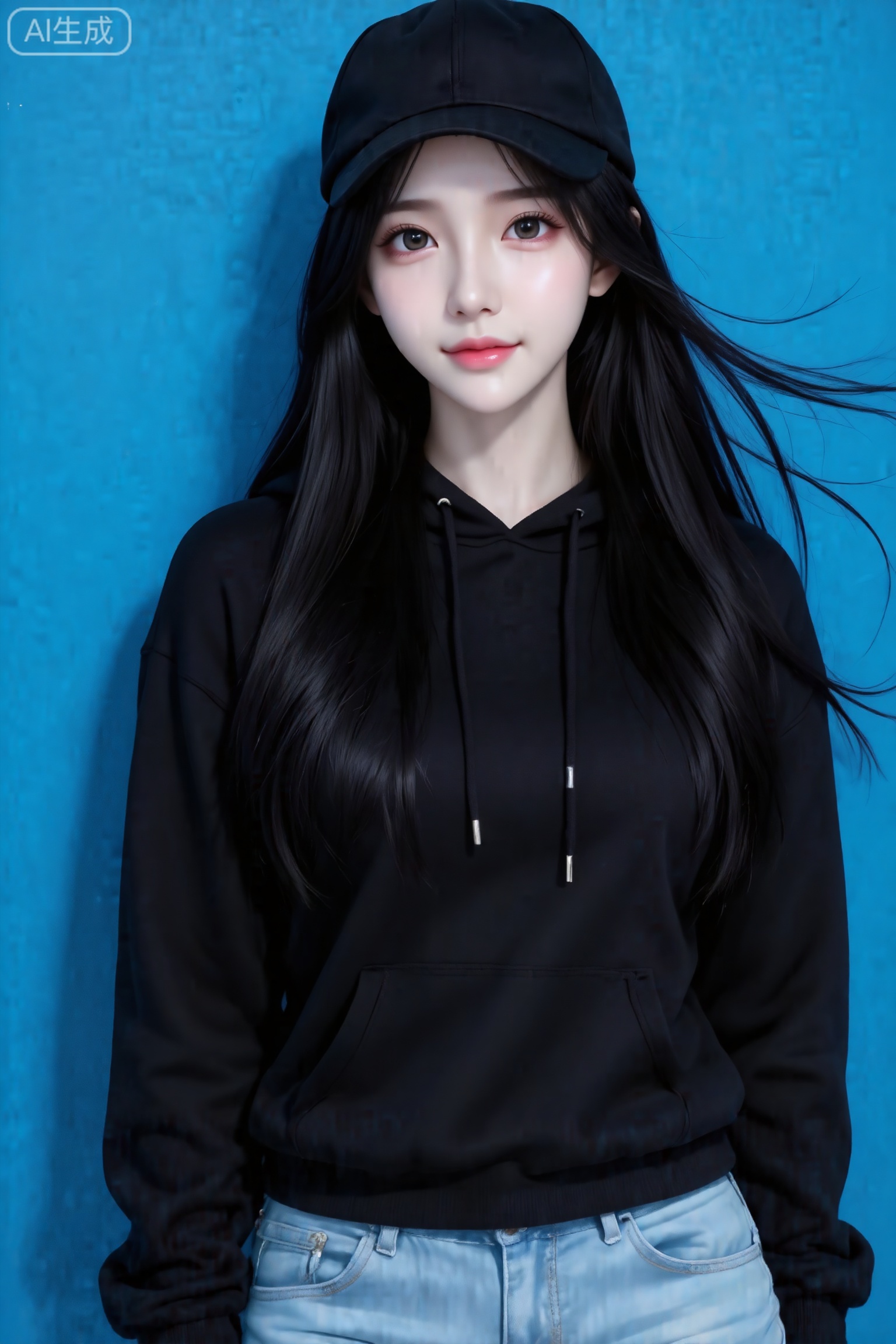 杰作级画质,顶级图像精度,超高清细节渲染,单人女性角色,（黑色亮丽的长发：1.4）,（比例优越的纤细长腿：1.3）,（肌肤白皙光滑的匀称美腿：1.4）,（挺拔饱满的D 罩杯曲线：1.4）,（精致立体的美颜五官：1.4）,美颜全开,光滑油亮的皮肤,水嫩的肌肤,一个女孩,
真实摄影,贴脸拍摄,戴着黑色鸭舌帽,穿着黑色连帽衫、浅蓝色牛仔裤,正面靠在高饱和度蓝色墙面前,整体风格酷帅、简约,（电影级面光：1.6）,（光线追踪：1.5）,（冷白皮漫感质感的光滑皮肤：1.7）,（人物有最好的骨相：1.2）,（网感脸：1.6）,（网感妆：1.6）身材完美,莫兰迪配色,高颜值网红,INS风,幼态脸,19岁女生尖下巴,三庭五眼比例均衡,身材娇小,细腻陶瓷水嫩肌肤,偏冷白皮,随机的妆容,随机的饰品,随机的动作,侧光,发丝轻飘,凌乱,随机角度拍摄,总体有很多的不确定性,但又好看,
风格甜美少女系,氛围慵懒俏皮,东方美女,黑长直,年轻娇小,发丝呈现出自然的蓬松感与垂坠感,长发散落于肩头两侧,几缕发丝拂面,冷白皮气质美女,薇薇纯欲风,皮肤白皙,偶像气质,fairskin,气质的江南美女子,有点甜美,皮肤美白透亮,表情可爱,甜美氛围,细腻笔触,独特韵味的美,可爱表情,正面照,人物上半身特写