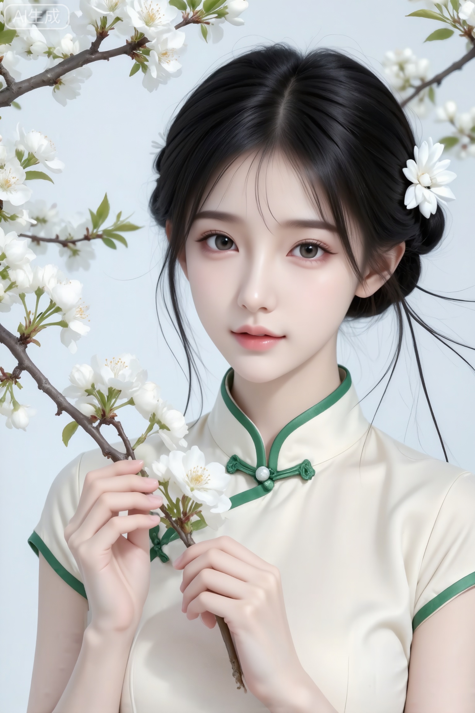 杰作级画质,顶级图像精度,超高清细节渲染,单人女性角色,（黑色亮丽的长发：1.4）,（比例优越的纤细长腿：1.3）,（肌肤白皙光滑的匀称美腿：1.4）,（挺拔饱满的D 罩杯曲线：1.4）,（精致立体的美颜五官：1.4）,美颜全开,光滑油亮的皮肤,水嫩的肌肤,一个女孩,
真实摄影,黑色头发（盘成发髻,白色花朵发饰）,穿着米白色带绿色镶边的中式旗袍,双手轻捏白色花枝,身处开满白色花朵的树枝间,整体风格古典、温婉,充满春日赏花的诗意与东方美学韵味,19岁江南美女子,东方美女,高颜值纯欲少女,idol气质,脸型精致,精致脸蛋,（电影级面光：1.6）,（光线追踪：1.5）,（冷白皮漫感质感的光滑皮肤：1.7）,（人物有最好的骨相：1.2）,（网感脸：1.6）,身材完美,莫兰迪配色,高颜值网红,INS风,幼态脸,19岁女生尖下巴,三庭五眼比例均衡,身材娇小,细腻陶瓷水嫩肌肤,偏冷白皮,随机的妆容,随机的饰品,随机的动作,侧光,发丝轻飘,凌乱,随机角度拍摄,总体有很多的不确定性,但又好看,
风格甜美少女系,氛围慵懒俏皮,东方美女年轻娇小,冷白皮气质美女,薇薇纯欲风,皮肤白皙,偶像气质,fairskin,气质的江南美女子,有点甜美,皮肤美白透亮,表情可爱,甜美氛围,细腻笔触,独特韵味的美,可爱表情,正面照