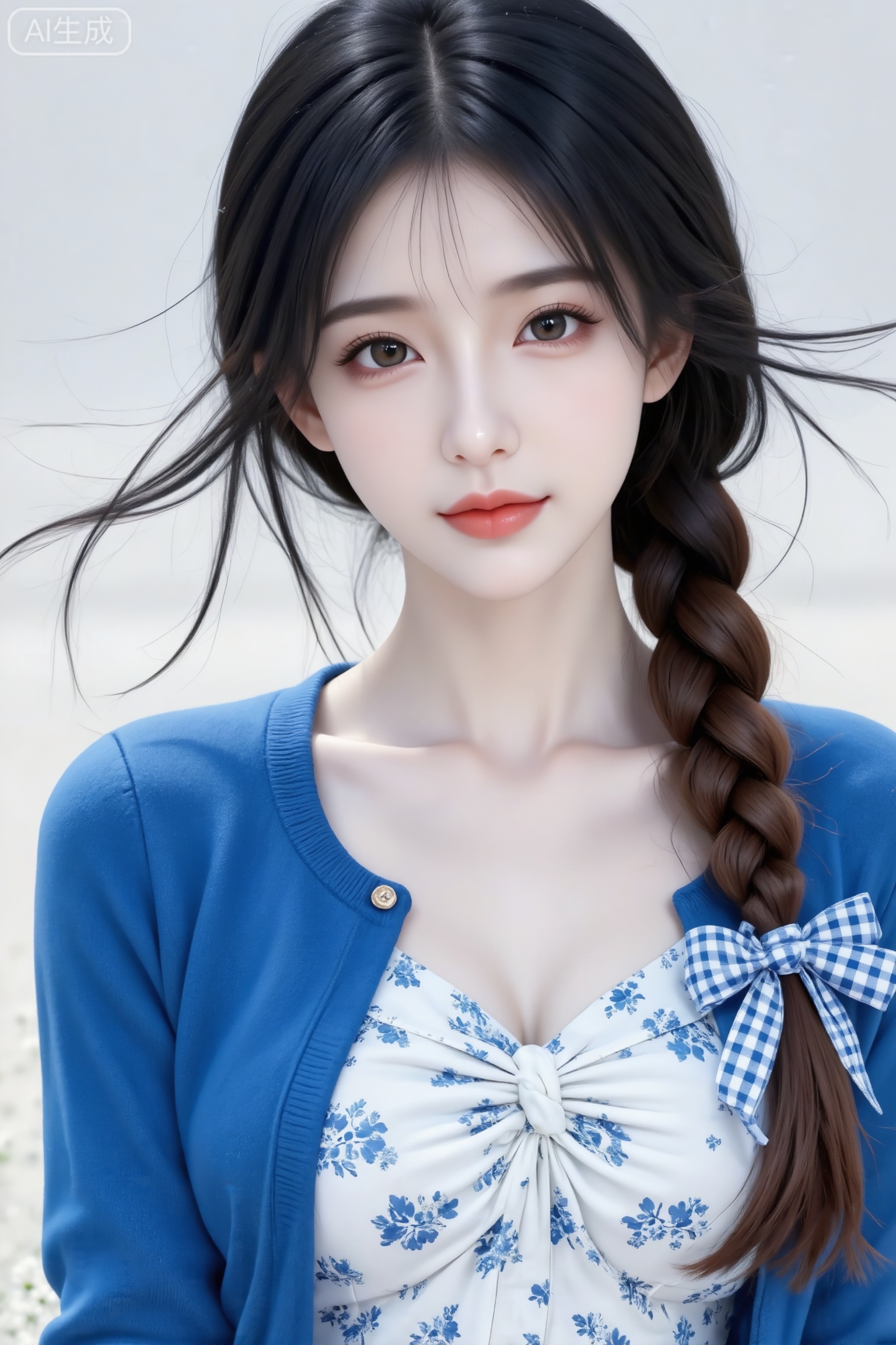 杰作级画质,顶级图像精度,超高清细节渲染,单人女性角色,（黑色亮丽的长发：1.4）,（比例优越的纤细长腿：1.3）,（肌肤白皙光滑的匀称美腿：1.4）,（挺拔饱满的D 罩杯曲线：1.4）,（精致立体的美颜五官：1.4）,美颜全开,光滑油亮的皮肤,水嫩的肌肤,一个女孩,
（电影级面光：1.6）,（光线追踪：1.5）,（冷白皮漫感质感的光滑皮肤：1.7）,（人物有最好的骨相：1.2）,（网感脸：1.6）,（网感妆：1.6）身材完美,莫兰迪配色,高颜值网红,INS风,幼态脸,19岁女生尖下巴,三庭五眼比例均衡,身材娇小,细腻陶瓷水嫩肌肤,偏冷白皮,随机的妆容,随机的饰品,随机的动作,侧光,发丝轻飘,凌乱,随机角度拍摄,总体有很多的不确定性,但又好看,
风格甜美少女系,氛围慵懒俏皮,东方美女,年轻娇小,冷白皮气质美女,纯欲风,皮肤白皙,偶像气质,fairskin,气质的江南美女子,有点甜美,皮肤美白透亮,表情可爱,甜美氛围,细腻笔触,独特韵味的美,可爱表情,单个棕黑色麻花辫放在前面,辫尾带着蓝白格丝带,五官棱角分明,冷白皮,浅番茄色唇,气质温柔清冷,穿着法式白色带有蓝色碎花图案的扭褶短裙,宝石蓝色的开衫圆领外套,
田野开满野花的小路上,色调自然写实。近景上半身特写