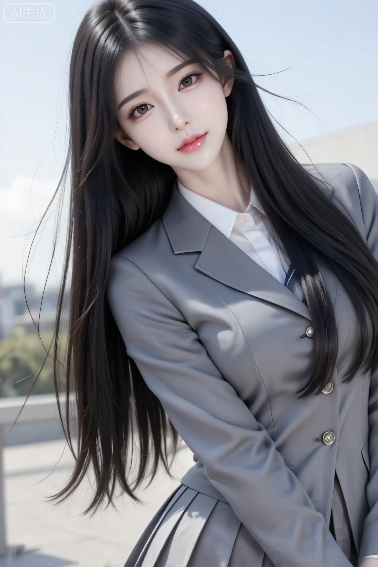 杰作级画质,顶级图像精度,超高清细节渲染,单人女性角色,（黑色亮丽的长发：1.4）,（比例优越的纤细长腿：1.3）,（肌肤白皙光滑的匀称美腿：1.4）,（挺拔饱满的D 罩杯曲线：1.4）,（精致立体的美颜五官：1.4）,美颜全开,光滑油亮的皮肤,水嫩的肌肤,一个女孩,
最高画质,长焦镜头,年轻气质美女,皮肤白皙,高质量,绝世美人,户外,jk制服,柔顺长发,灰色西装,百褶裙,皮肤白皙,摆着pose。

黑长直,年轻娇小,偶像气质,发丝呈现出自然的蓬松感与垂坠感,长发散落于肩头两侧,几缕发丝拂面,冷白皮气质美女,纯欲风,皮肤白皙,偶像气质,fairskin,光滑,水润质感,陶醉