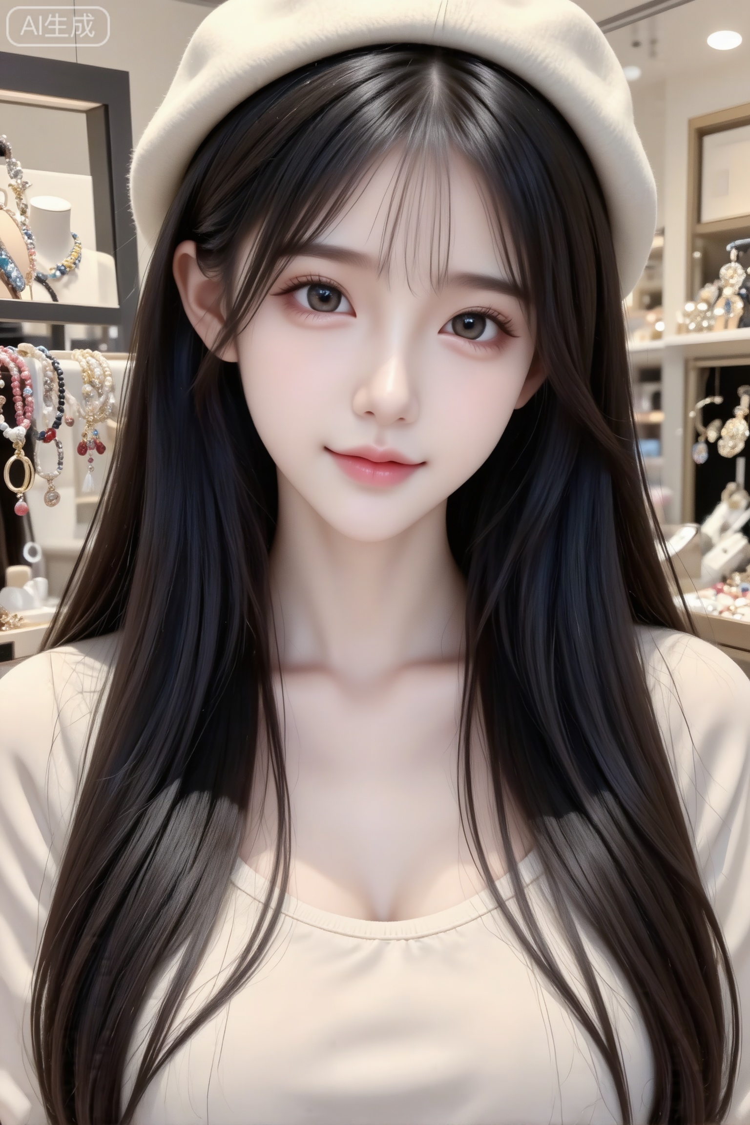 杰作级画质,顶级图像精度,超高清细节渲染,单人女性角色,（黑色亮丽的长发：1.4）,（比例优越的纤细长腿：1.3）,（肌肤白皙光滑的匀称美腿：1.4）,（挺拔饱满的D 罩杯曲线：1.4）,（精致立体的美颜五官：1.4）,美颜全开,光滑油亮的皮肤,水嫩的肌肤,一个女孩,
日常快照风格,非精心构图或打光,东方美女,绝美眼睛,纯欲风,表情可爱黑长直深色长发,年轻娇小,发丝呈现出自然的蓬松感与垂坠感,长发散落于肩头两侧,碎发增加灵动感,冷白皮气质美女,纯欲风,皮肤白皙,偶像气质,fairskin,光滑,水润质感,一颦一笑皆惊艳的美,完美身材,陶醉,贝雷帽,浅色高质感休闲服装,千金大小姐气质,中景,少女心爆棚的饰品店,皮肤白皙,装修精致,柔和自然光,自然凹造型,展示手链。