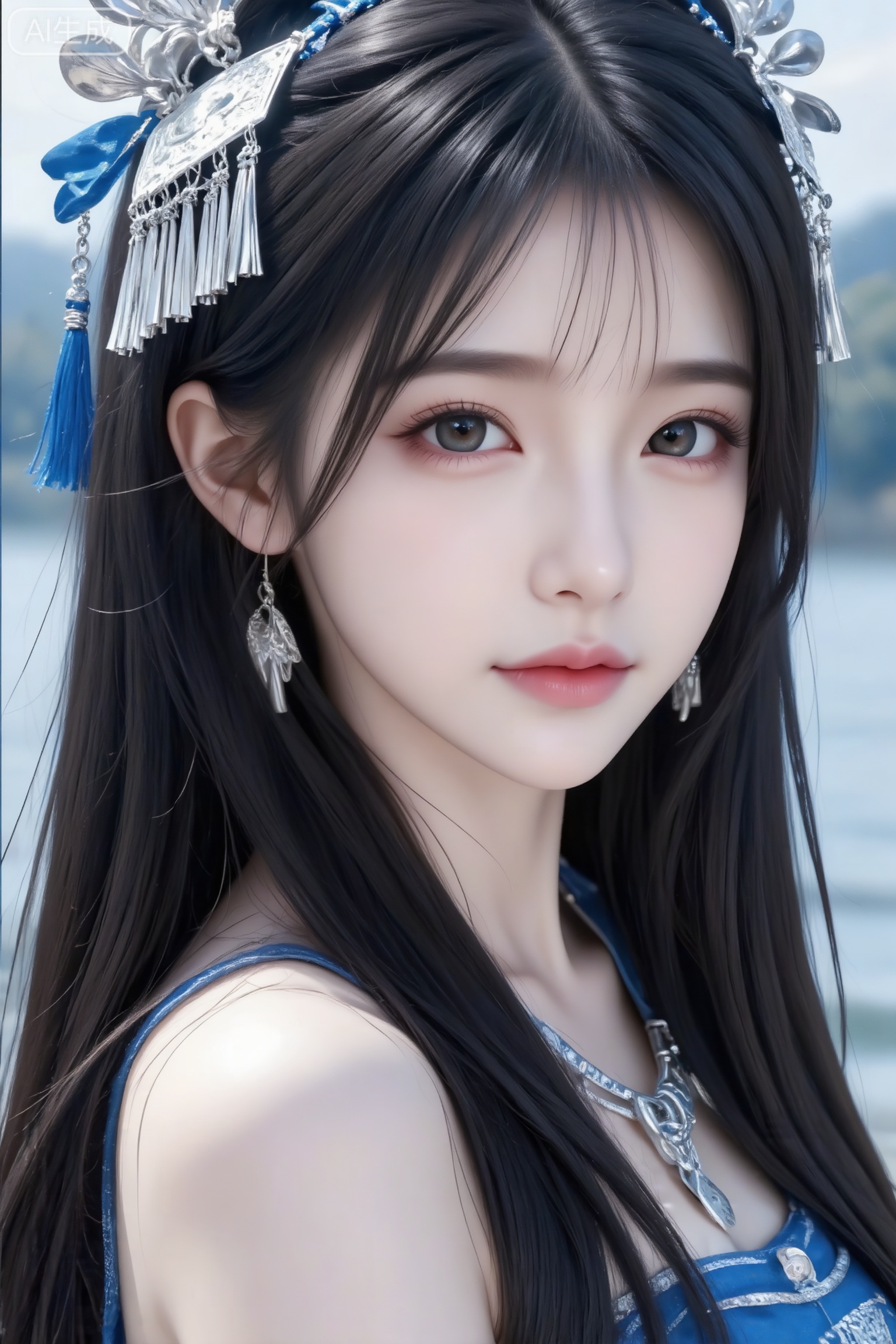 杰作级画质,顶级图像精度,超高清细节渲染,单人女性角色,（黑色亮丽的长发：1.4）,（比例优越的纤细长腿：1.3）,（肌肤白皙光滑的匀称美腿：1.4）,（挺拔饱满的D 罩杯曲线：1.4）,（精致立体的美颜五官：1.4）,美颜全开,光滑油亮的皮肤,水嫩的肌肤,一个女孩,
（电影级面光：1.6）,（光线追踪：1.5）,（冷白皮漫感质感的光滑皮肤：1.7）,（人物有最好的骨相：1.2）,（网感脸：1.6）,鞠婧,身材完美,莫兰迪配色,高颜值网红,INS风,三庭五眼比例均衡,细腻陶瓷水嫩肌肤,偏冷白皮,随机的妆容,随机的饰品,随机的动作,侧光,发丝轻飘,凌乱,随机角度拍摄,总体有很多的不确定性,但又好看,
风格甜美少女系,氛围慵懒俏皮,冷白皮气质美女,皮肤白皙,偶像气质,fairskin,气质的江南美女子,有点甜美,皮肤美白透亮,细腻笔触,独特韵味的美,可爱表情,正面照,人物上半身特写,流苏头饰,银饰金属质感,蓝色发饰,倾国倾城,精致细节高清。面容清秀,蓝色系服饰,人物上半身特写镜头,远景,全景,写实风格,写真,户外背景,俏皮可爱,高清画质,细节清楚,气质非凡。大师构图,