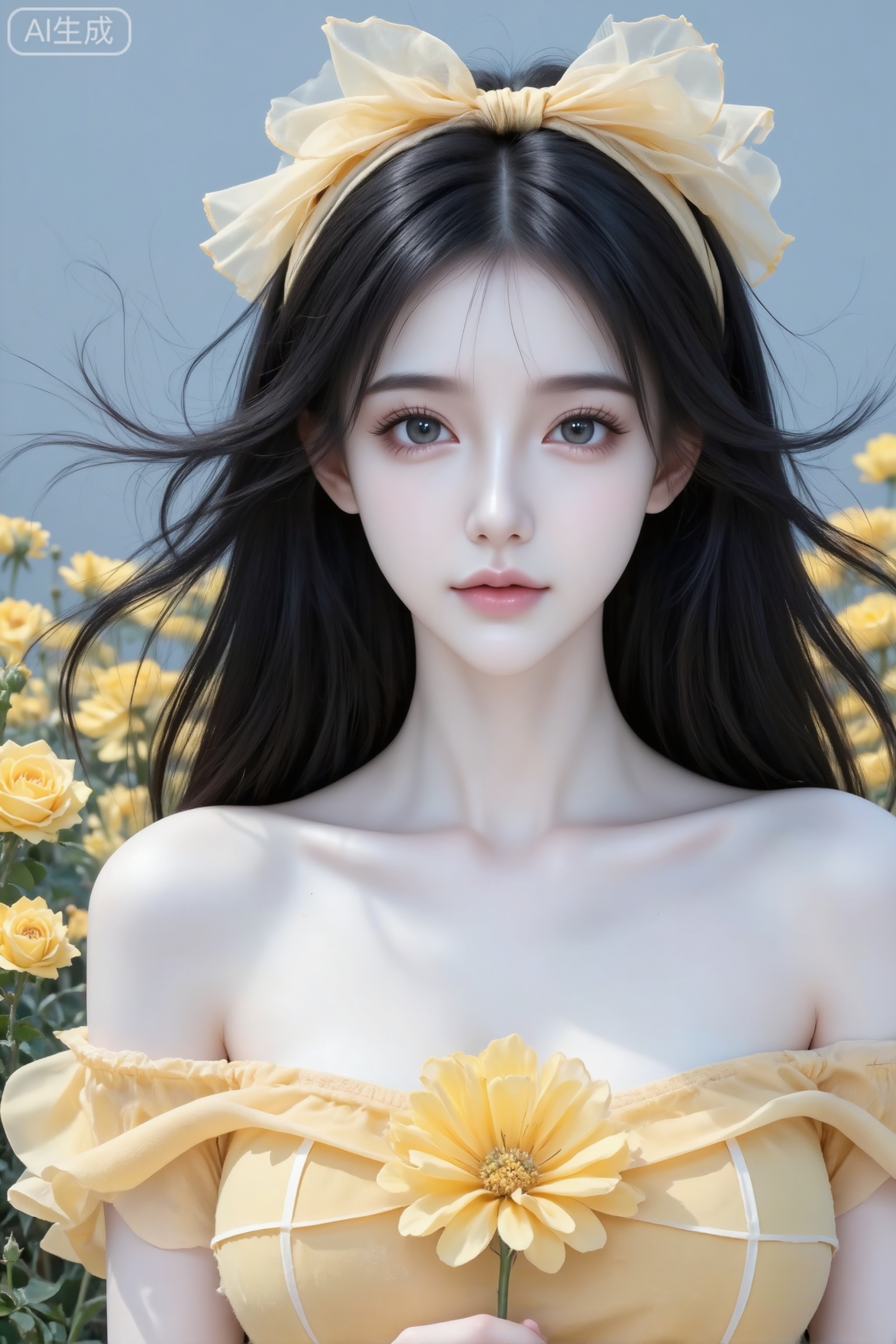 杰作级画质,顶级图像精度,超高清细节渲染,单人女性角色,（黑色亮丽的长发：1.4）,（比例优越的纤细长腿：1.3）,（肌肤白皙光滑的匀称美腿：1.4）,（挺拔饱满的D 罩杯曲线：1.4）,（精致立体的美颜五官：1.4）,美颜全开,光滑油亮的皮肤,水嫩的肌肤,一个女孩,
拍摄艺术半身照写真女生,唯美森系半身特写,大片拍摄背景,女生冷白皮,水光肌,皮肤超白,大眼睛,细密睫毛,女生欧根纱上衣,露肩头,杏黄色长方形花瓣,多层椭圆型夸张巨大轻纱花瓣设计款露肩娃娃裙,花瓣唯美灵动,带弧度褶皱轻纱花芯,杏黄色轻纱纱花朵细发带系在前额,非常唯美,冷调蓝灰色滤镜,氛围感生活随拍,高清写实,人物放大,人物近照,唯美慵懒蓬松长发,弯曲长发丝凌乱美,风吹发丝飘逸美,背景是黄色野玫瑰花海,拍出大片既视感,高清半身照,拍出大片效果,手拿一支长长的花,做动作可爱