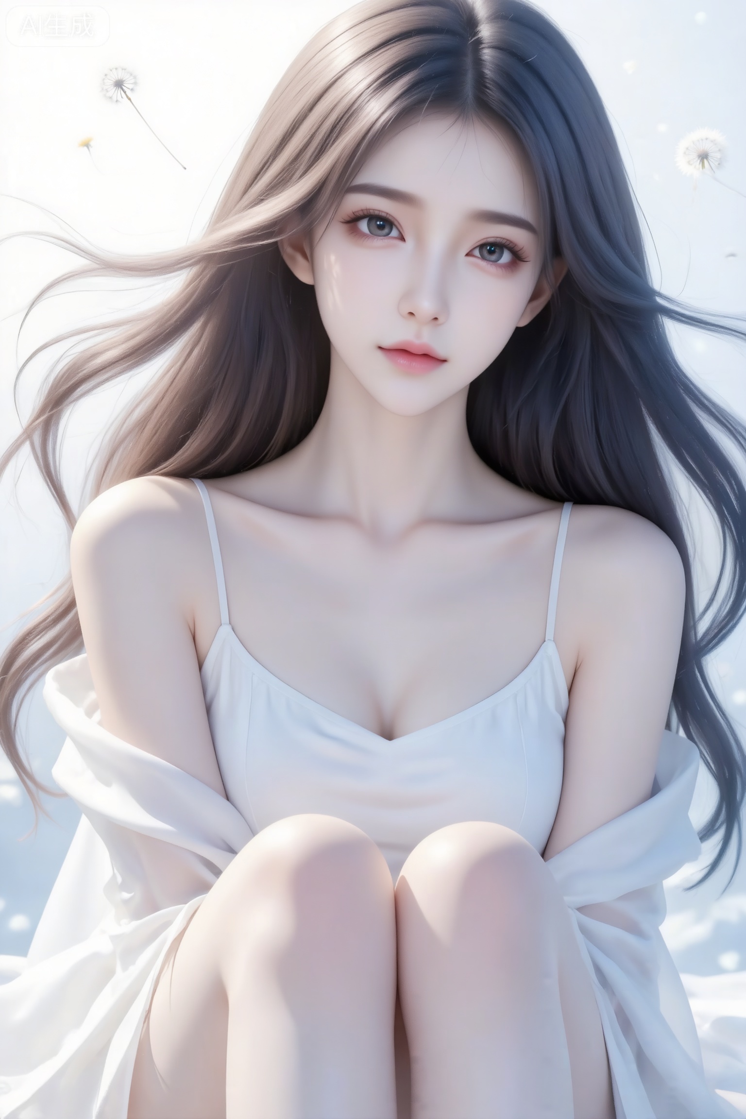 杰作级画质,顶级图像精度,超高清细节渲染,单人女性角色,（黑色亮丽的长发：1.4）,（比例优越的纤细长腿：1.3）,（肌肤白皙光滑的匀称美腿：1.4）,（挺拔饱满的D 罩杯曲线：1.4）,（精致立体的美颜五官：1.4）,美颜全开,光滑油亮的皮肤,水嫩的肌肤,一个女孩,
冷色调,高曝光,高亮度,18岁女大学生,尖下巴,三庭五眼比例均衡,棕色披肩长卷发,头发随风飘逸。身材娇小,细腻陶瓷水嫩肌肤,偏冷白皮,妆容精致上半身特写,正面照,全景镜头,人物上半身特写镜头,身穿白色吊带连衣裙过膝,完美侧脸,最高等级画质,IHD,梦幻,美颜全开,披肩白色纱巾,暖光,飘逸,神秘,蒲公英飞舞,浪漫唯美,超高清,32k分辨率,去掉一切噪点,户外背景。