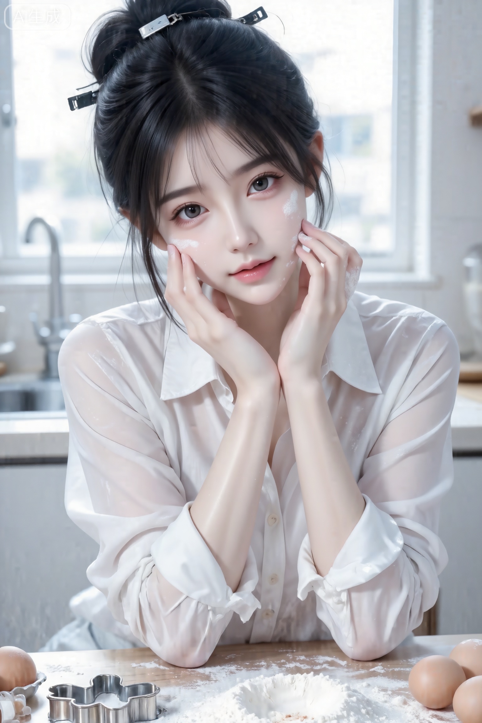 杰作级画质,顶级图像精度,超高清细节渲染,单人女性角色,（黑色亮丽的长发：1.4）,（比例优越的纤细长腿：1.3）,（肌肤白皙光滑的匀称美腿：1.4）,（挺拔饱满的D 罩杯曲线：1.4）,（精致立体的美颜五官：1.4）,美颜全开,光滑油亮的皮肤,水嫩的肌肤,一个女孩,
厨房场景,女生皮肤细腻,带着面粉的轻微白痕,透着认真；袖口挽起,面料透气有纹理,桌上放着面粉、鸡蛋和卡通饼干模具,人像摄影,氛围感。高清,细节,画面丰富,东方美女,纯欲风,年轻娇小,乌黑盘发,冷白皮气质美女,纯欲风,皮肤白皙,偶像气质,fairskin,光滑宽松的衬衫,头发随意挽起用发夹夹住,明亮环境,阳光从侧面照射,干净整洁氛围,高清画质。水光肌白嫩嫩的皮肤,如琼玉般润滑,稚嫩感,可爱感,水嫩肌肤,光滑如玉,瓷器般的肌肤质感,超清冷白水润细腻肌肤,,千金大小姐气质,各种可爱拍照姿势,身材完美,高颜值,打光不均匀造成的轻微曝光过度,做可爱表情,眉清目秀,初恋感,表情自然松弛慵懒休闲,眼神很自然不失真,完美身材,皮肤质感白嫩清透,甜美女生,完美贴合身形；整体风格简约大气,又因修身剪裁,俏皮灵动,嫩白皙柔滑,氛围感,故事感,视觉冲击效果,高级感,动态感,32K,大师杰作。梦幻,冷白皮,必须身材完美,肌肤雪白有光泽。整体画面必须清新明亮干净。随机表情,随机的淡妆容,随机发型和颜色,随机的动作,随机的光影,随机角度,总体有很多的不确定性,但又好看,搭配又很合理,最高等级画质,CCD拍摄,情绪片,极简风,唯美迷人,优雅气质,偶像气质,高级感,三庭五眼,瓜子脸,清纯,展现冰瓷玉肌冷白皮绝世美人