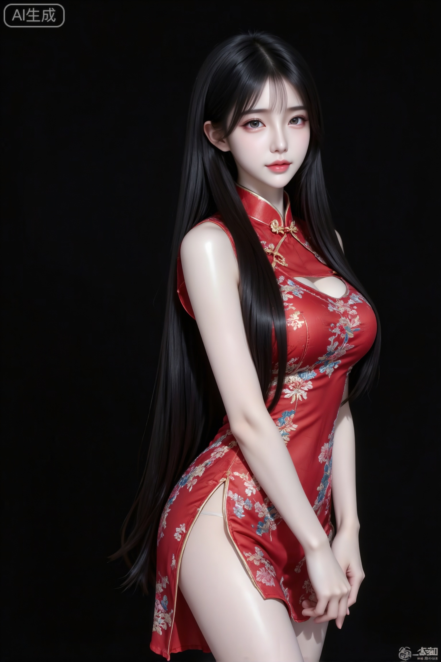 杰作级画质,顶级图像精度,超高清细节渲染,单人女性角色,（黑色亮丽的长发：1.4）,（比例优越的纤细长腿：1.3）,（肌肤白皙光滑的匀称美腿：1.4）,（挺拔饱满的D 罩杯曲线：1.4）,（精致立体的美颜五官：1.4）,美颜全开,光滑油亮的皮肤,水嫩的肌肤,一个女孩,
20岁中国姑娘,冷白皮,妆容精致,专业光线,眉清目秀,红色新中式刺绣纱拼接旗袍,披肩发直发,站在原地,漂亮的欧式穿衣镜,里面映出自己的样子,最佳拍摄角度,写实风格,远景,全景,人物上半身特写镜头,大片拍摄效果,最佳构图,高清画质。