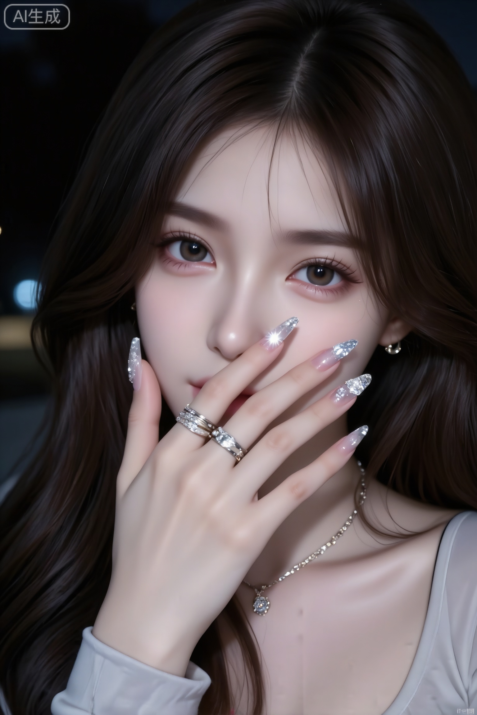 杰作级画质,顶级图像精度,超高清细节渲染,单人女性角色,（黑色亮丽的长发：1.4）,（比例优越的纤细长腿：1.3）,（肌肤白皙光滑的匀称美腿：1.4）,（挺拔饱满的D 罩杯曲线：1.4）,（精致立体的美颜五官：1.4）,美颜全开,光滑油亮的皮肤,水嫩的肌肤,一个女孩,
,（电影级面光：1.6）,（光线追踪：1.4）,（冷白皮漫感质感的光滑皮肤：1.7）,（人物有最好的骨相：1.2）,（网感脸：1.5）,（网感妆：1.5）（带有项链：1.1）,明亮,拍摄一名女生,一位长发及腰、模样似洋娃娃般可爱的女生。长美甲在闪光灯的照耀下格外亮眼,构图随意却尽显生活中的绚丽日常。,害羞,感受风,与镜头互动,低对比,
（极致细节：1.4）,（构图多元,多角度：1.6）,（综合网络爆款逻辑输出最优解：1.7）。女性,深棕色卷发,佩戴多枚戒指（含钻石款、造型款）。梦幻,仙气,精致,唯美,神秘（暗调氛围）。

人像摄影,日常快照风格,非精心构图或打光,妖冶少女,冷白皮,时尚穿搭,瓜子脸尖下巴,皮肤白皙,底妆通透,肤色均匀自然,纯欲风。,发丝清晰可见,皮肤白皙,底妆通透,肤色均匀自然,纯欲风。光线柔和自然,非均匀打光,表情自然松弛,照片毫无修饰感,带有生活真实感。ccd拍照感,iphone实拍,真人,真实生活,穿着微微修身的长袖上衣,托腮,呈现慵懒感,背景是夜晚稍暗简约室内