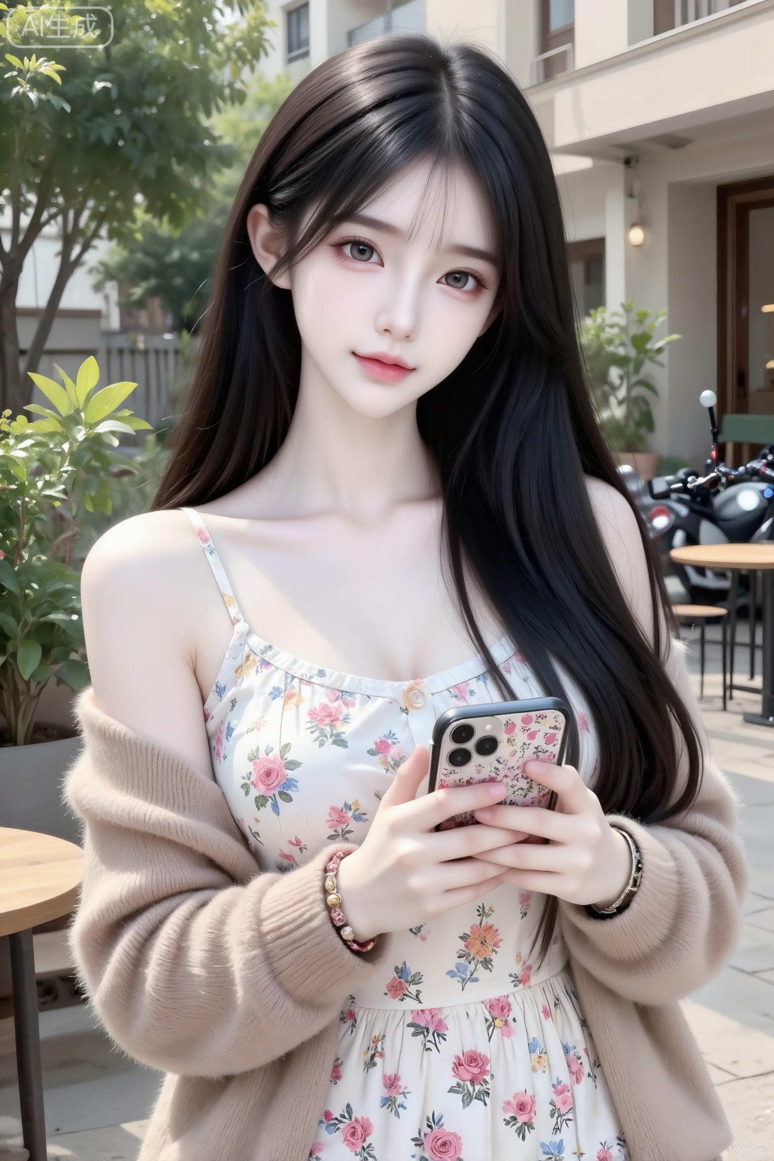 杰作级画质,顶级图像精度,超高清细节渲染,单人女性角色,（黑色亮丽的长发：1.4）,（比例优越的纤细长腿：1.3）,（肌肤白皙光滑的匀称美腿：1.4）,（挺拔饱满的D 罩杯曲线：1.4）,（精致立体的美颜五官：1.4）,美颜全开,光滑油亮的皮肤,水嫩的肌肤,一个女孩,
高清人像摄影,姿态自然随性,展现出轻松惬意的氛围。手腕戴有手链,手持带有花纹的手机壳,穿着白色碎花连衣裙,外搭长袖浅咖色毛绒针织开衫,身处户外,周围有绿植、树木,背景可见建筑、桌椅、摩托车等,似是在充满生活气息的街道或庭院区域。正面角度,距离适中,人物摆着poss,大胆展示自己,（电影级面光：1.6）,（光线追踪：1.5）,（冷白皮漫感质感的光滑皮肤：1.7）,（人物有最好的骨相：1.2）,（网感脸：1.6）,身材完美,莫兰迪配色,高颜值,幼态脸,19岁女生尖下巴,三庭五眼比例均衡,身材娇小,细腻陶瓷水嫩肌肤,偏冷白皮,随机的妆容,随机发型和颜色,随机的饰品,随机的动作,侧光,随机角度拍摄,总体有很多的不确定性,但又好看,风格甜美少女系,氛围慵懒俏皮,东方美女,黑长直,年轻娇小,发丝呈现出自然的蓬松感与垂坠感,长发散落于肩头两侧,冷白皮气质美女,纯欲风,皮肤白皙,偶像气质,fairskin,气质的江南美女子,有点甜美,皮肤美白透亮,表情可爱,甜美氛围,细腻笔触,独特韵味的美,可爱表情,