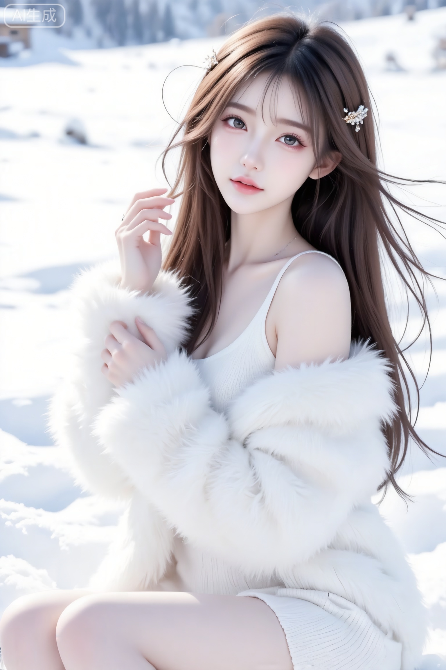 杰作级画质,顶级图像精度,超高清细节渲染,单人女性角色,（黑色亮丽的长发：1.4）,（比例优越的纤细长腿：1.3）,（肌肤白皙光滑的匀称美腿：1.4）,（挺拔饱满的D 罩杯曲线：1.4）,（精致立体的美颜五官：1.4）,美颜全开,光滑油亮的皮肤,水嫩的肌肤,一个女孩,
在禾木村,背景厚厚雪地,超清晰画质,妆造精致,饰品精巧,棕色长发,身着白色毛茸茸皮草,内搭白色针织长裙极简风格,细节完美,五官精致,突出头发凌乱美,面部清晰,清冷调。日常快照风格,非精心构图,非专业打光。（电影级面光：1.6）,（光线追踪：1.5）,（冷白皮漫感质感的光滑皮肤：1.7）,（人物有最好的骨相：1.2）,（网感脸：1.6）,（网感妆：1.6）身材完美,莫兰迪配色,高颜值网红,INS风,幼态脸,19岁女生尖下巴,三庭五眼比例均衡,细腻陶瓷水嫩肌肤,偏冷白皮,随机的妆容,随机的饰品,随机的动作,侧光,发丝轻飘,凌乱,随机角度拍摄,总体有很多的不确定性,但又好看,
风格甜美少女系,氛围慵懒俏皮,东方美女,年轻娇小,冷白皮气质美女,纯欲风,皮肤白皙,偶像气质,fairskin,气质的江南美女子,有点甜美,皮肤美白透亮,表情可爱,甜美氛围,细腻笔触,独特韵味的美,互动式pose