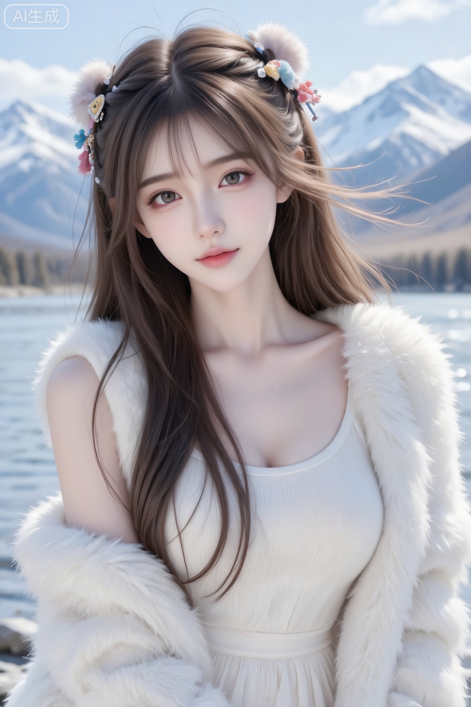 杰作级画质,顶级图像精度,超高清细节渲染,单人女性角色,（黑色亮丽的长发：1.4）,（比例优越的纤细长腿：1.3）,（肌肤白皙光滑的匀称美腿：1.4）,（挺拔饱满的D 罩杯曲线：1.4）,（精致立体的美颜五官：1.4）,美颜全开,光滑油亮的皮肤,水嫩的肌肤,一个女孩,
在喀纳斯河边,背景雪山,超清晰画质,妆造精致,饰品精巧,棕色长发上编织可爱毛绒发卡搭配,身着白色毛茸茸皮草,内搭白色针织长裙极简风格,细节完美,五官精致,突出头发凌乱美,面部清晰,清冷调。日常快照风格,非精心构图,非专业打光。（电影级面光：1.6）,（光线追踪：1.5）,（冷白皮漫感质感的光滑皮肤：1.7）,（人物有最好的骨相：1.2）,（网感脸：1.6）,（网感妆：1.6）身材完美,莫兰迪配色,高颜值网红,INS风,幼态脸,19岁女生尖下巴,三庭五眼比例均衡,细腻陶瓷水嫩肌肤,偏冷白皮,随机的妆容,随机的饰品,随机的动作,侧光,发丝轻飘,凌乱,随机角度拍摄,总体有很多的不确定性,但又好看,
风格甜美少女系,氛围慵懒俏皮,东方美女,年轻娇小,冷白皮气质美女,纯欲风,皮肤白皙,偶像气质,fairskin,气质的江南美女子,有点甜美,皮肤美白透亮,表情可爱,甜美氛围,细腻笔触,独特韵味的美,互动式pose从头到脚都能看见！全身照,全身照！花式发型！