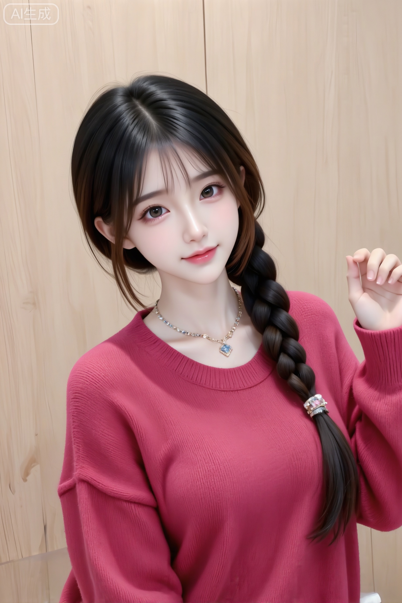 杰作级画质,顶级图像精度,超高清细节渲染,单人女性角色,（黑色亮丽的长发：1.4）,（比例优越的纤细长腿：1.3）,（肌肤白皙光滑的匀称美腿：1.4）,（挺拔饱满的D 罩杯曲线：1.4）,（精致立体的美颜五官：1.4）,美颜全开,光滑油亮的皮肤,水嫩的肌肤,一个女孩,
在低饱和度隔着玻璃的视角下,呈现一位身着玫红色宽松毛衣、佩戴精致饰品的年轻东方女子。她有着白皙透亮的皮肤、18岁的尖下巴和幼态脸,棕色长发梳成大辫子散落在一侧,两侧碎发自然。在西餐厅浅咖色纯木质背景前,她表情可爱地做着随机动作,展现甜美少女风格,莫兰迪配色与侧光营造出慵懒俏皮氛围,画质清晰
