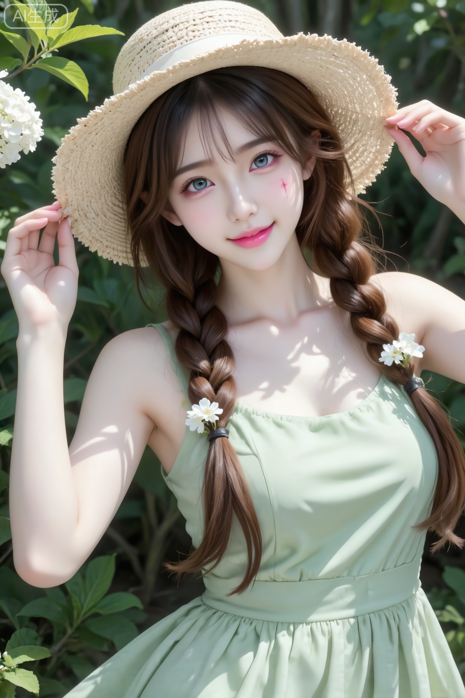 杰作级画质,顶级图像精度,超高清细节渲染,单人女性角色,（黑色亮丽的长发：1.4）,（比例优越的纤细长腿：1.3）,（肌肤白皙光滑的匀称美腿：1.4）,（挺拔饱满的D 罩杯曲线：1.4）,（精致立体的美颜五官：1.4）,美颜全开,光滑油亮的皮肤,水嫩的肌肤,一个女孩,
绿意繁茂的丛林间开满团团簇簇的白色绣球花,冷白皮的东亚美少女直面镜头而立,娇小身形透着灵动偶像气质,随性姿态毫无刻意摆拍感,构图歪斜却透着浑然天成的高级,暗朦泛朦的氛围里尽显写意质感。她肤如凝脂,是透着水润光泽的冷白肌肤,毫无磨皮修饰,带着真实的轻微油光,光滑细腻中藏着自然瑕疵,清透得能看见肌肤下淡淡的红血丝,局部高清的质感让皮肤真实状态尽显。
 
眉目如画,眼瞳澄澈明亮,带着陶醉又灵动的神采,直面镜头时眼神鲜活有互动感,笑意藏在眼底,表情娇俏可爱；眉形纤细自然,唇瓣是淡淡的粉,透着水润光泽,整体五官精致却不刻意,满是少女的鲜活气息。棕色长发编成蓬松垂坠的麻花辫,发丝带着自然的纹理与蓬松感,垂落在肩颈与后背,发间点缀着几朵细碎白色小花,与周遭绣球花相映成趣,边缘随动态轻微失焦,更添真人感。
 
她头戴一顶米色编织宽檐草帽,草编纹理清晰真实,带着质朴的质感,帽檐轻轻遮挡住部分阳光,让林间斑驳光点落在她脸上、脖颈与身上,明暗交错间氛围感拉满。身着一袭淡绿连衣裙,色调简约柔和,面料垂坠感自然,贴合娇小身形却不紧绷,随性舒展的姿态让裙摆微微晃动,与整体松弛的氛围相融。
 
她的动作随性自然,没有固定章法,或是抬手轻轻拨弄一下发间的小花,指尖纤细白皙,或是微微歪头,嘴角扬起浅浅笑意,身体带着自然的动态感,抖动与高斯模糊、动态模糊叠加,还原了长焦镜头动态抓拍的真实感,无精致摆拍的刻意,却处处透着少女的鲜活与纯欲风,整个场景以自然光为底,真实化的场景与材质瑕疵感拉满,堪称兼具超现实意境与真人质感的杰作。