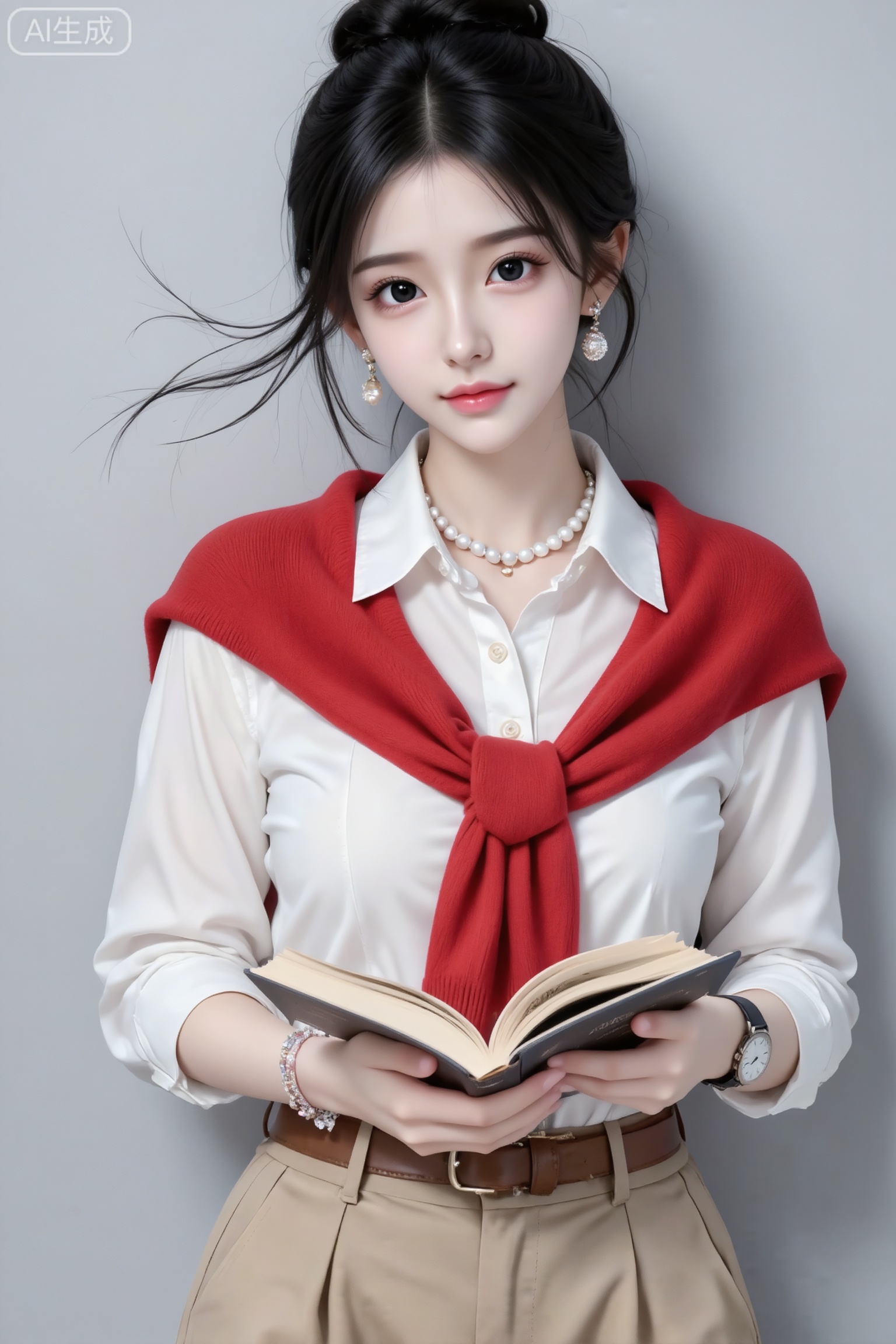 杰作级画质,顶级图像精度,超高清细节渲染,单人女性角色,（黑色亮丽的长发：1.4）,（比例优越的纤细长腿：1.3）,（肌肤白皙光滑的匀称美腿：1.4）,（挺拔饱满的D 罩杯曲线：1.4）,（精致立体的美颜五官：1.4）,美颜全开,光滑油亮的皮肤,水嫩的肌肤,一个女孩,
真实摄影,黑色头发（盘起）,佩戴耳饰、珍珠项链、手表,身穿白色衬衫（外搭红色针织披肩）、卡其色阔腿裤（搭配棕色腰带）,手持翻开的书籍,倚靠在浅灰色墙面,整体风格知性、优雅,充满文艺阅读的氛围感,随手一拍的快照效果,仿佛不经意间拍下的照片,主体是19岁超高颜值甜妹美少女。几缕碎发增添灵动气质,真人,以写真摄影风格为画面基调,冷白皮。完美精致脸型,超绝下颌线,运用动态视角营造出充满故事感且带有恋爱少女心氛围的场景,高级氛围感。自然黑瞳,明眸大眼,妆容精致,薇薇纯欲风,清新脱俗,仿佛会说话的眼睛,极简项链、绝美双眼,面部楚楚动人,瓜子脸,桃花眼,随机表情。清新自然妆容,令人惊艳的构图,甜美,软萌,元气,微距特写,满脸幸福感,摆拍,自然灵动,idol感,青春洋溢,独树一帜的美,白月光初恋脸,卖萌,甜御感,精致手链,（电影级面光：1.6）,（光线追踪：1.5）,（冷白皮漫感质感的光滑皮肤：1.7）,（人物有最好的骨相：1.2）,（网感脸：1.6）,（网感妆：1.6）身材完美,莫兰迪配色,高颜值网红,INS风,幼态脸,19岁女生尖下巴,三庭五眼比例均衡,身材娇小,细腻陶瓷水嫩肌肤,偏冷白皮,随机的妆容,随机的饰品,随机的动作,侧光,发丝轻飘,凌乱,随机角度拍摄,总体有很多的不确定性,但又好看