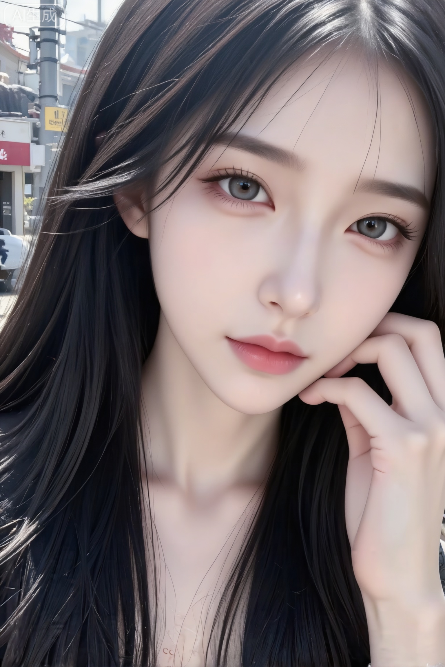 杰作级画质,顶级图像精度,超高清细节渲染,单人女性角色,（黑色亮丽的长发：1.4）,（比例优越的纤细长腿：1.3）,（肌肤白皙光滑的匀称美腿：1.4）,（挺拔饱满的D 罩杯曲线：1.4）,（精致立体的美颜五官：1.4）,美颜全开,光滑油亮的皮肤,水嫩的肌肤,一个女孩,
（电影级面光：1.6）,（光线追踪：1.4）,（冷白皮漫感质感的平光皮肤：1.4）,（发丝光：1.2）,（人物有最好的骨相：1.2）,（网感脸：1.5）,（网感妆：1.5）,（带有精致项链：1.1）,北京京顺园公园,背景是法式轻复古风格的庭院建筑：
核心元素：浅色系墙面、木质双开门（带玻璃格纹）、干枯芦苇丛+ 落叶,一名长发、可爱的女生自拍,穿着一套法式千金风的学院甜妹穿搭,精致感与减龄感兼具：
上衣：卡其色收腰风衣外套,小翻领+ 蝴蝶结装饰强化甜美元素,收腰设计显身形,袖口的蕾丝花边增加精致感,适配“千金风” 的优雅气质；
下装：咖色格纹百褶短裙,经典学院风单品,格纹元素与外套的温柔色调呼应,百褶裙摆显活泼灵动；
配饰：棕色手提包+ 挂饰玩偶,手提包提升质感,玩偶挂饰增加甜妹细节,与整体风格统一。还有轻微的过曝现象。阳光透过发丝照在脸上,突出冷白皮通透自然的肌肤状态,整体神态灵动又不失随性,构图尽显生活中的绚丽日常,手与镜头的互动感,害羞,低对比（极致细节：1.4）,（构图多元,多角度：1.6）,（综合网络爆款逻辑输出最优解：1.6）
	环境：韩国街头场景,可见红砖建筑、店铺招牌、电线杆,环境细节真实自然,营造出随性自然的都市街拍氛围
人像摄影,日常快照风格,非精心构图或打光,上半身特写,神情忧郁妖冶少女,冷白皮,时尚穿搭,瓜子脸尖下巴,皮肤白皙,底妆通透,肤色均匀自然,纯欲风。,发丝清晰可见,皮肤白皙,底妆通透,肤色均匀自然,纯欲风。光线柔和自然,非均匀打光,表情自然松弛,照片毫无修饰感,带有生活真实感。ccd拍照感,iphone实拍,真人,真实生活,