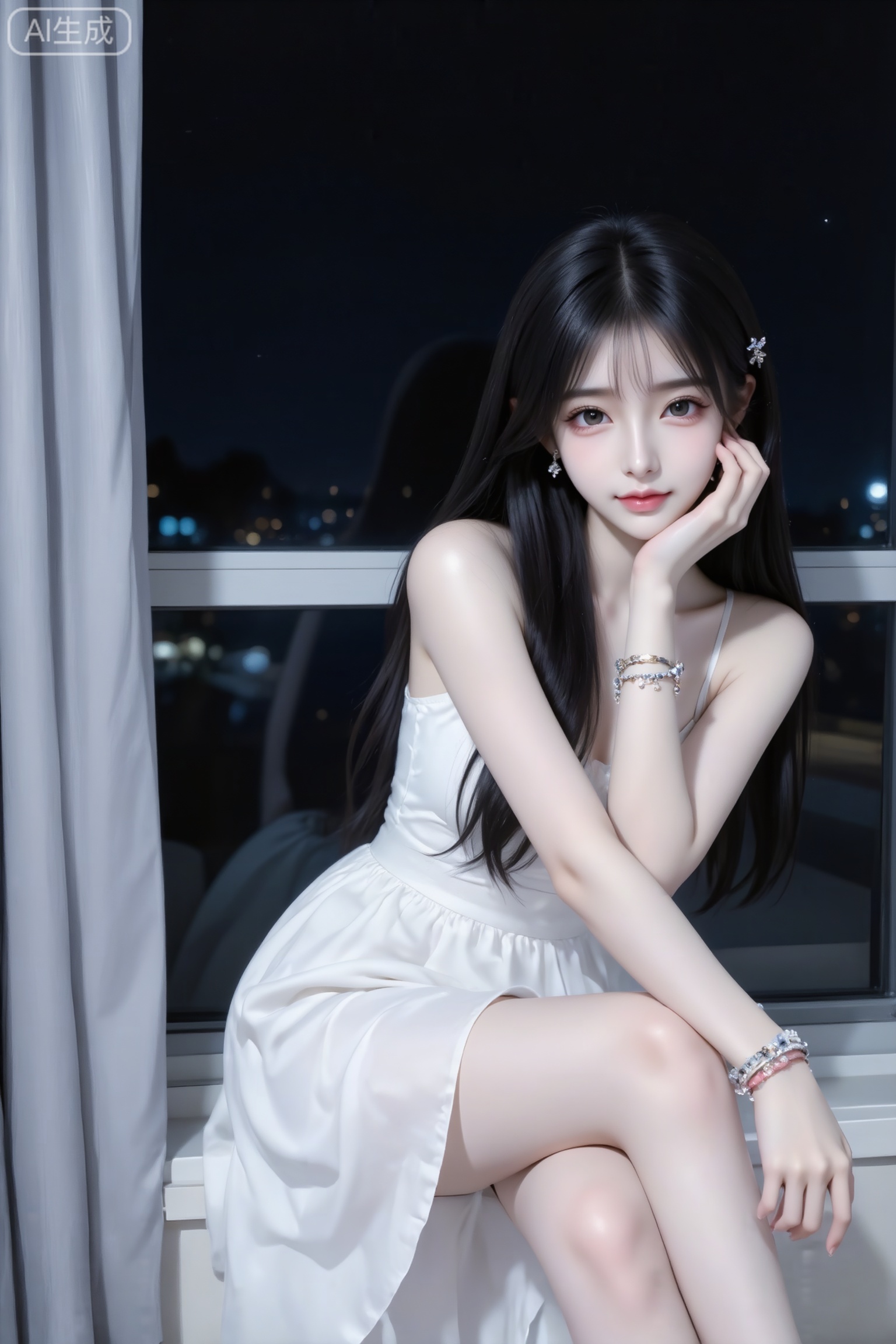 杰作级画质,顶级图像精度,超高清细节渲染,单人女性角色,（黑色亮丽的长发：1.4）,（比例优越的纤细长腿：1.3）,（肌肤白皙光滑的匀称美腿：1.4）,（挺拔饱满的D 罩杯曲线：1.4）,（精致立体的美颜五官：1.4）,美颜全开,光滑油亮的皮肤,水嫩的肌肤,一个女孩,
真实摄影,佩戴手链,身穿白色连衣长裙,坐在窗边,身旁有浅灰色窗帘,背景是深色窗户（夜晚场景）,整体风格优雅、静谧,充满室内夜晚的氛围感。容颜绝美,正面照,超清晰画质,妆造精致,饰品精巧,可爱妆造,温柔大方,五官精致,面部清晰,（电影级面光：1.6）,（光线追踪：1.5）,（冷白皮漫感质感的光滑皮肤：1.7）,（人物有最好的骨相：1.2）,（网感脸：1.6）,身材完美,莫兰迪配色,高颜值网红,INS风,幼态脸,18岁女生尖下巴,三庭五眼比例均衡,细腻陶瓷水嫩肌肤,偏冷白皮,随机的动作,侧光,随机角度拍摄,总体有很多的不确定性,但又好看,
风格甜美少女系,氛围慵懒俏皮,冷白皮气质美女,薇薇纯欲风,皮肤白皙,偶像气质,fairskin,气质的江南美女子,有点甜美,皮肤美白透亮,表情可爱,甜美氛围,细腻笔触,独特韵味的美