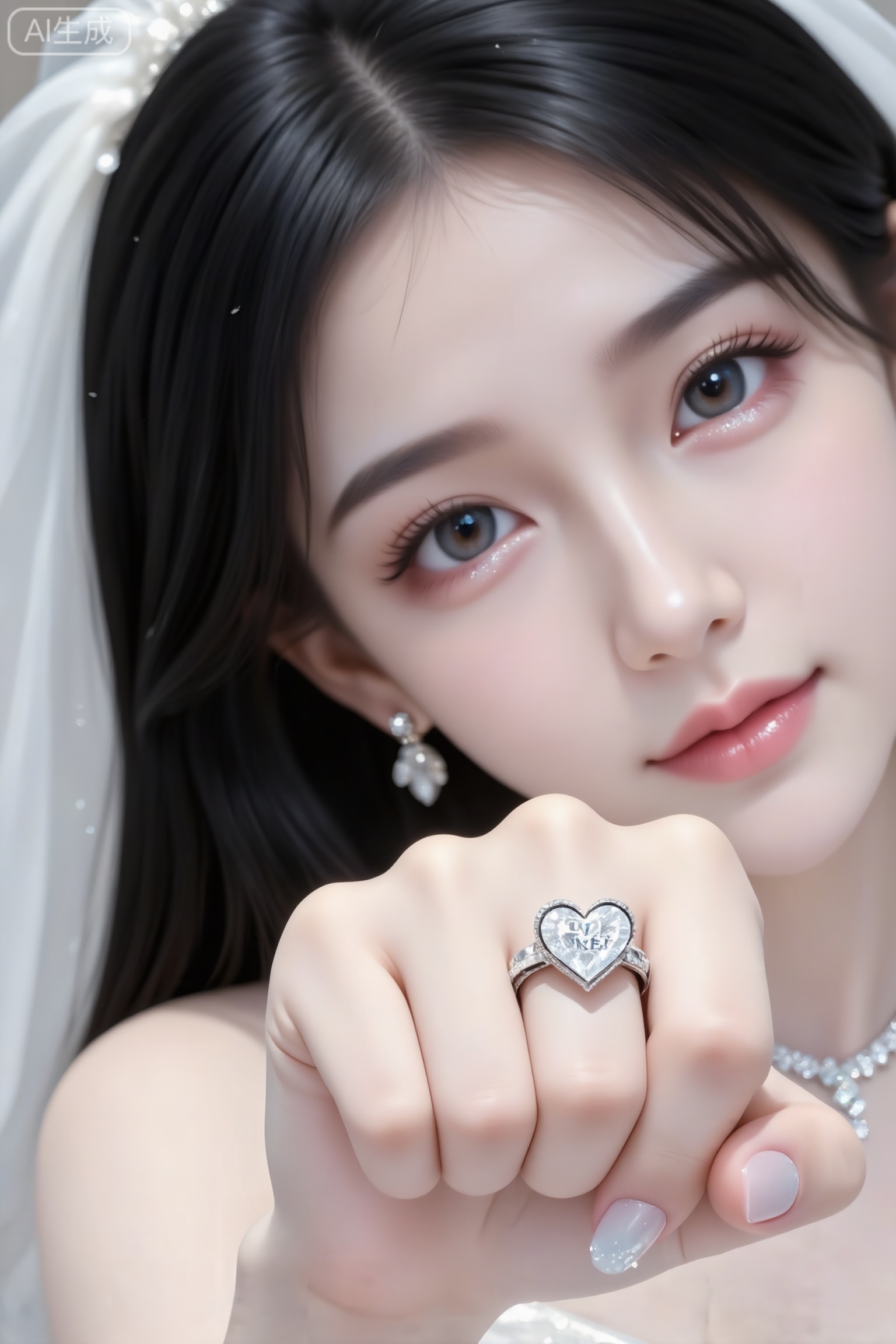 杰作级画质,顶级图像精度,超高清细节渲染,单人女性角色,（黑色亮丽的长发：1.4）,（比例优越的纤细长腿：1.3）,（肌肤白皙光滑的匀称美腿：1.4）,（挺拔饱满的D 罩杯曲线：1.4）,（精致立体的美颜五官：1.4）,美颜全开,光滑油亮的皮肤,水嫩的肌肤,一个女孩,
帮我生成图片：真实摄影,向前伸出戴着心形钻石戒指的手,戒指左侧有白色手写体英文“L”文字位置处于戒指同一水平线上紧密挨着,右侧有白色手写体英文“VE”文字位置处于戒指同一水平线上紧密挨着,场景为珠宝店,她穿着婚纱。暖色调和拳头在前景中很突出的视角,倾斜构图,仰视拍摄,情绪写意,专业模特神情,表情细腻且自然,情脉脉的眼神盯着镜头,
展现冰瓷玉肌冷白皮绝世美人,超高颜值美女,高级美颜,高级磨皮,高级去噪,高级柔光,光线均匀明亮,给皮肤镀上一层清透的质感,黑色发型,以写真摄影风格为画面基调,冷白皮,纯欲风,精致脸蛋高挺鼻梁。运用动态视角营造出充满故事感的场景,自然光线的质感光照落在脸上。展美学的高级氛围感。妆容精致,网红妆,细闪,水光唇蜜,美甲,面部楚楚动人,耳环项链,超高颜值美女情绪氛围感,INS风,动态美学,写意,前卫艺术,细节丰富,高级感,光影细腻,妆容自然,脸部明亮,冷白皮,微距特写,低饱和度,摆pose,做可爱表情,一眼惊艳的构图,眉清目秀,初恋感,表情自然松弛慵懒休闲,眼神很自然不失真,完美身材,皮肤质感白嫩清透,甜美女生,完美贴合身形；整体风格简约大气,又因修身剪裁,俏皮灵动,嫩白皙柔滑,氛围感,故事感,视觉冲击效果,高级感,动态感,32K,大师杰作。梦幻,必须身材完美,肌肤雪白有光泽。整体画面必须清新明亮干净。随机表情,随机的淡妆容,随机发型和颜色,随机的动作,随机的光影,随机角度,总体有很多的不确定性,但又好看,搭配又很合理,最高等级画质,CCD拍摄,情绪片,极简风,唯美迷人,优雅气质,偶像气质,高级感,三庭五眼,瓜子脸,清纯,必须显身材,动作表情自然松弛,阳光很好。乖巧大方,极致细节,综合网络爆款逻辑输出最优解,冷白皮质感的光滑皮肤,