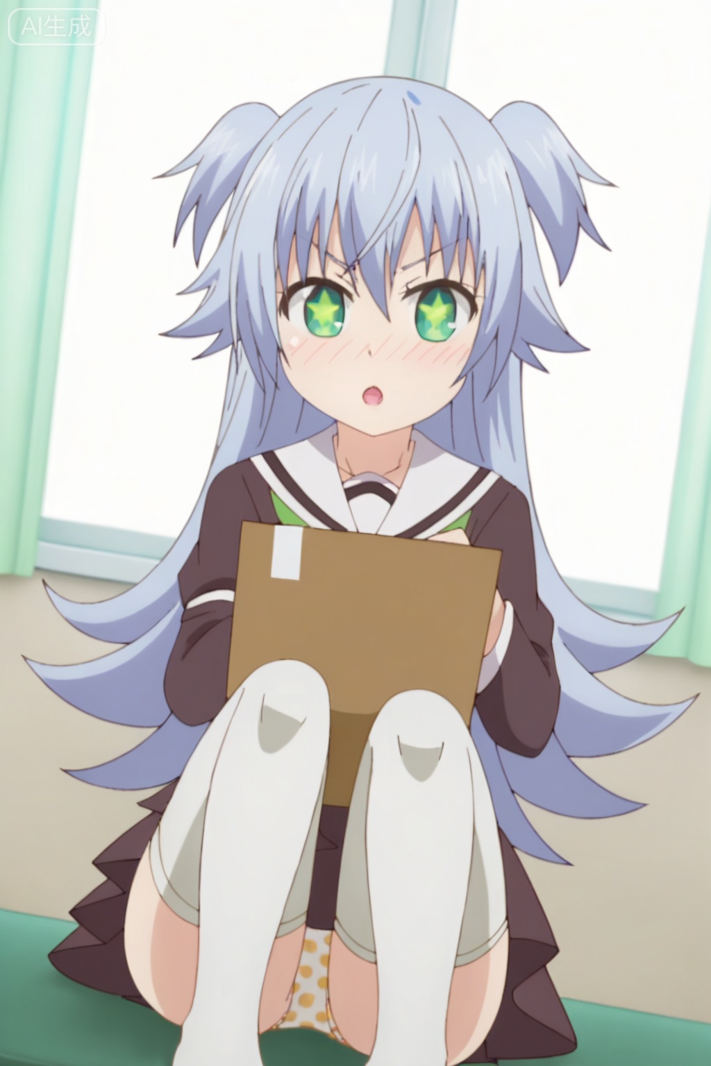 1girl, solo, long hair, blush, open mouth, thighhighs, sitting, underwear, school uniform, green eyes, blue hair, panties, white thighhighs, two side up, symbol-shaped pupils, window, pantyshot, + +, print panties, polka dot panties