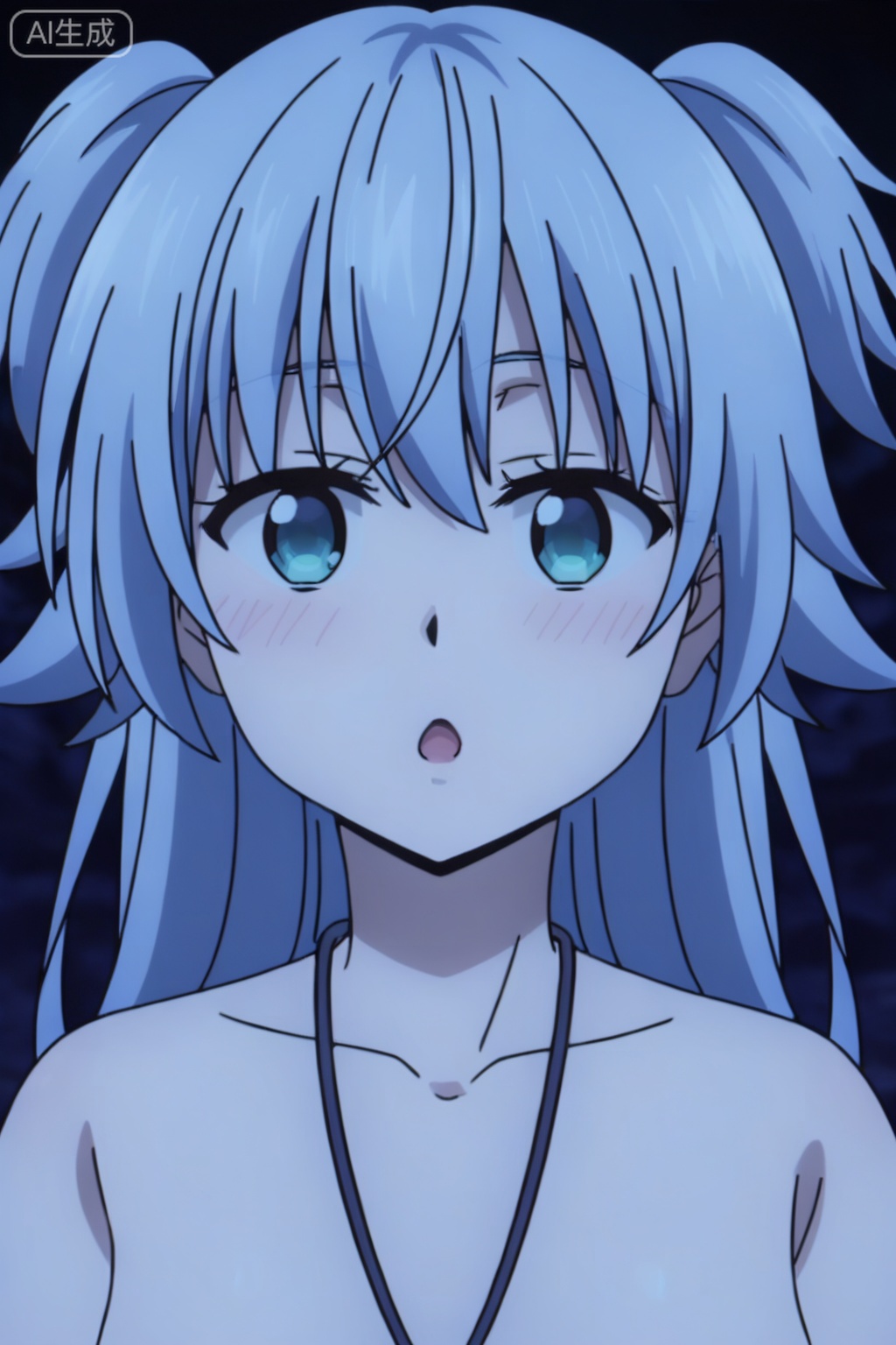 1girl, solo, long hair, looking at viewer, blush, open mouth, bangs, blue eyes, jewelry, blue hair, collarbone, upper body, nude, necklace, :o, two side up, parody