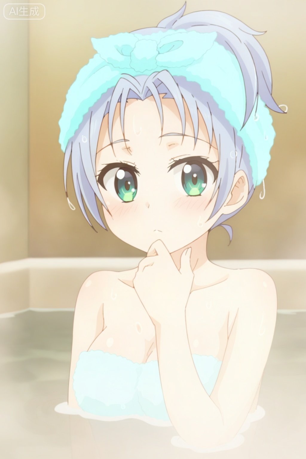 1girl, solo, breasts, looking at viewer, blush, short hair, medium breasts, green eyes, blue hair, collarbone, upper body, nude, water, wet, sparkle, towel, partially submerged, bathing, hair up, hand on own chin, towel on head,,(loli：0.8)