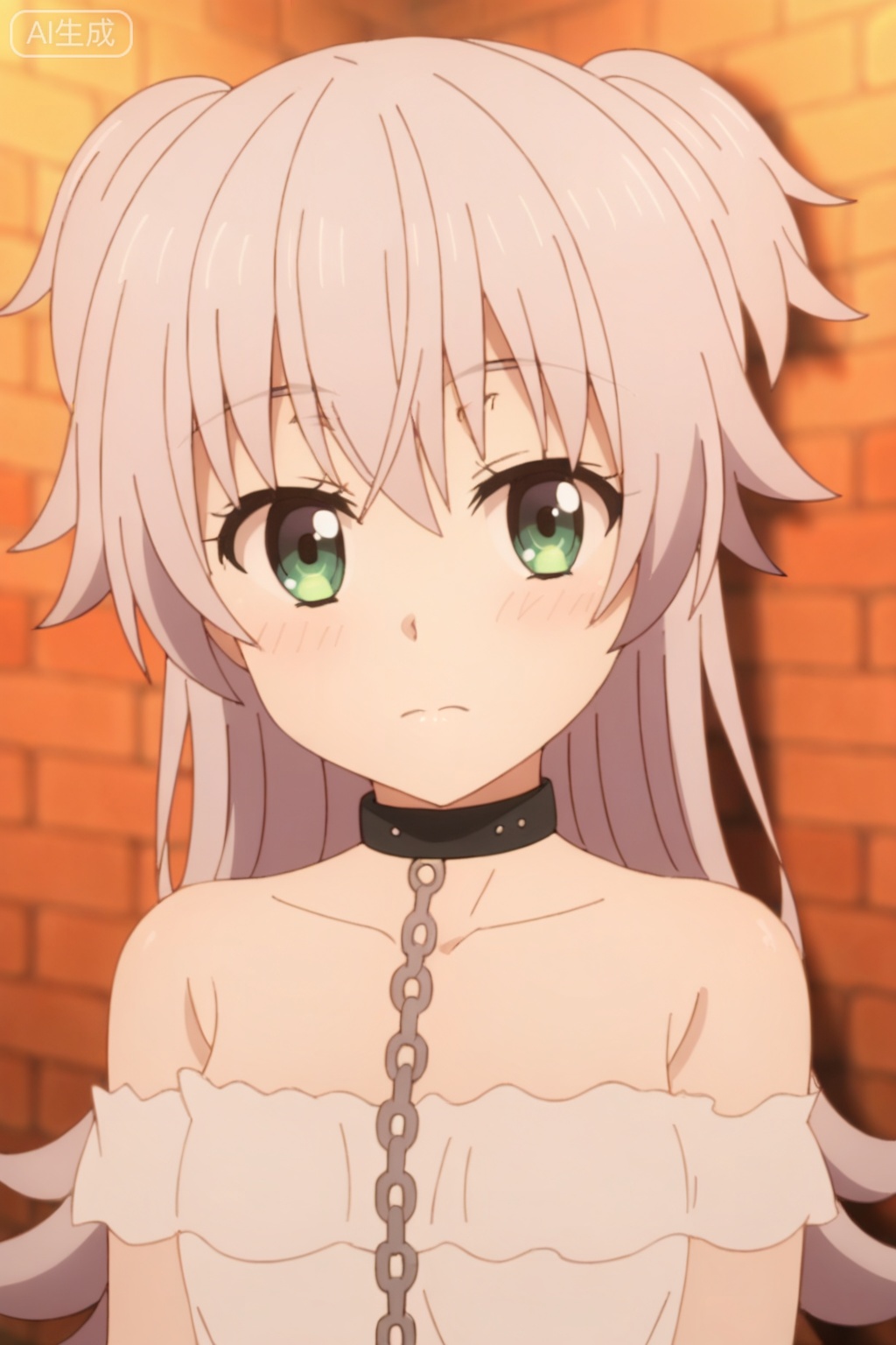 1girl, solo, long hair, looking at viewer, blush, bare shoulders, closed mouth, green eyes, collarbone, choker, collar, two side up, chain, brick wall