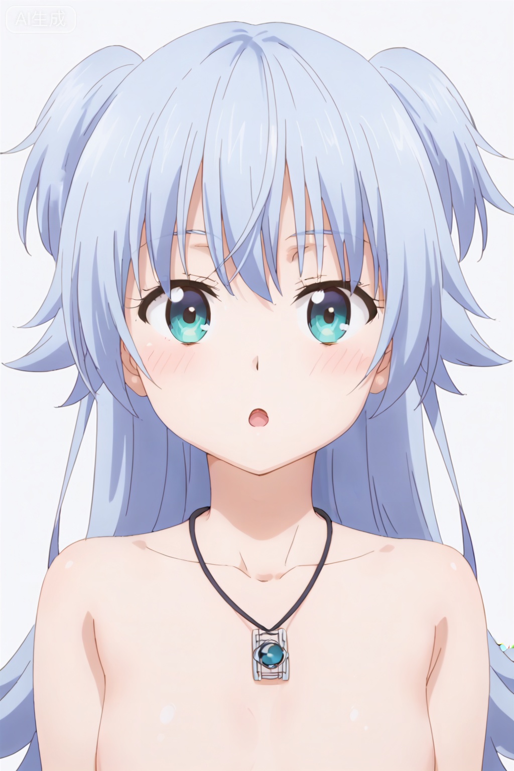 1girl, solo, long hair, looking at viewer, blush, open mouth, bangs, blue eyes, jewelry, blue hair, collarbone, upper body, nude, necklace, :o, two side up, parody