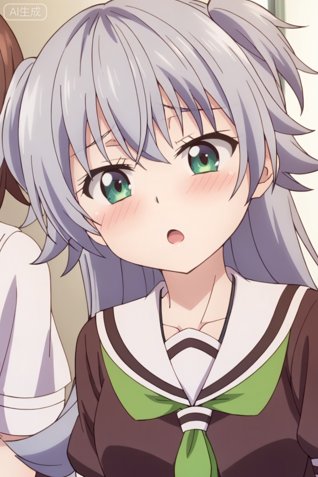 long hair, blush, open mouth, multiple girls, brown hair, 2girls, jewelry, school uniform, green eyes, flower, serafuku, two side up,loli