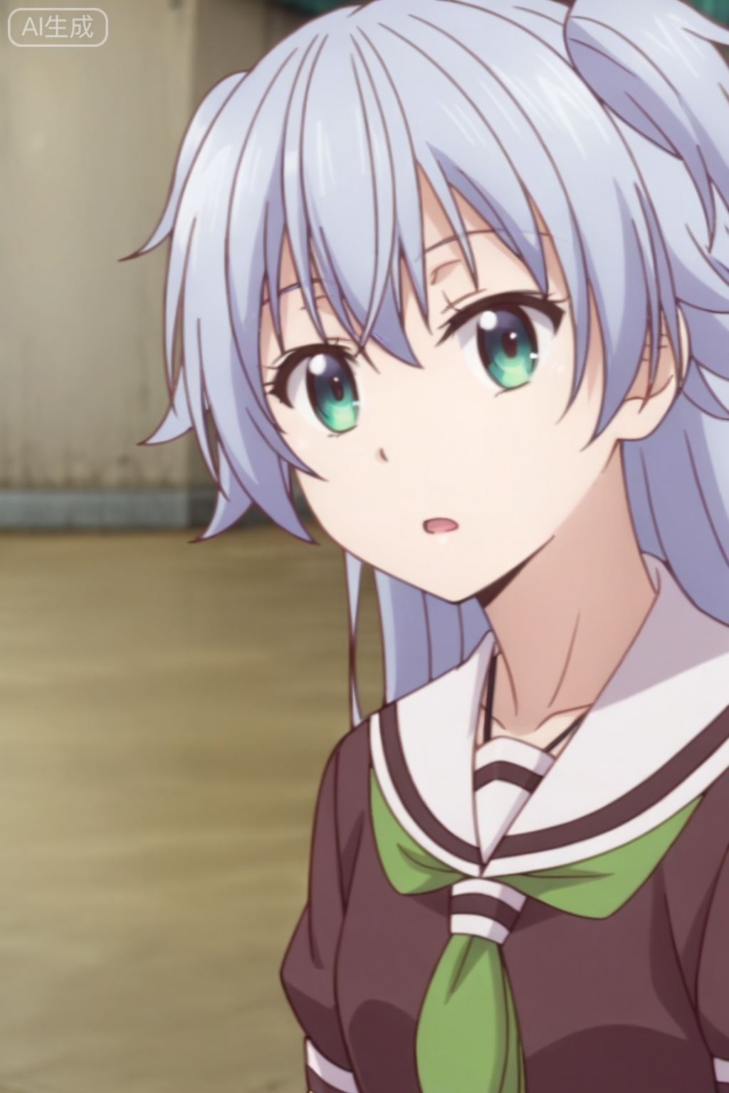 1girl, solo, long hair, looking at viewer, open mouth, school uniform, green eyes, upper body, serafuku, two side up, photo background