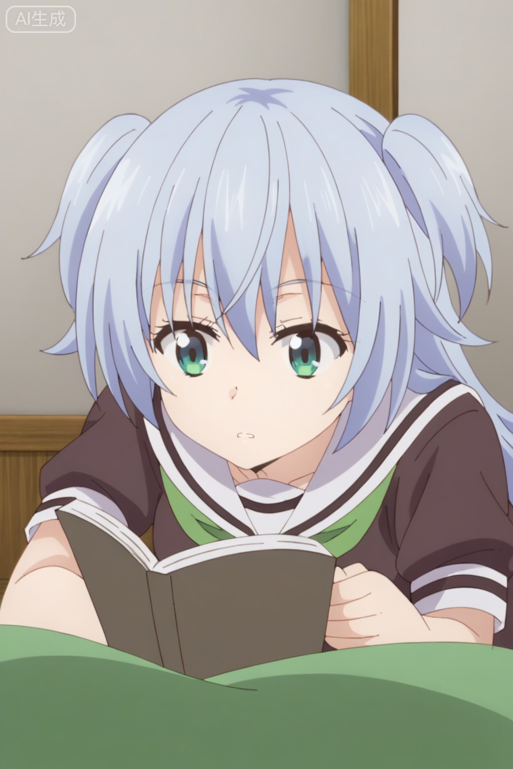 1girl, solo, blue eyes, school uniform, green eyes, blue hair, lying, two side up, book, parody, on stomach, reading