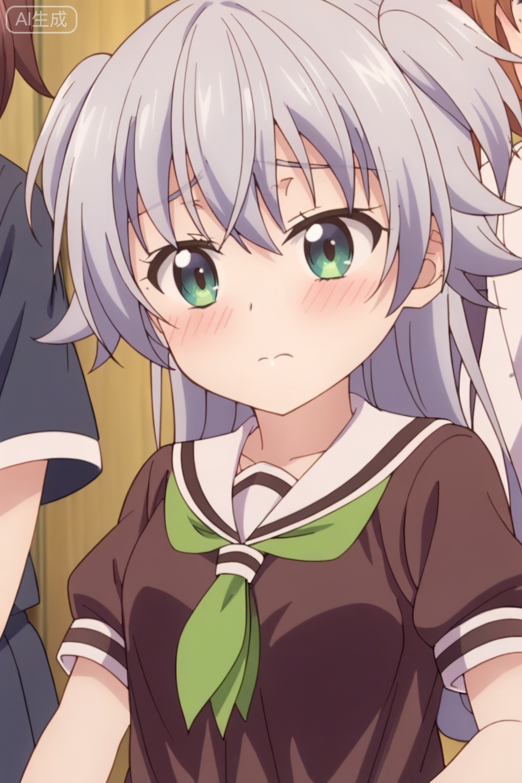 long hair, blush, closed mouth, multiple girls, brown hair, 2girls, jewelry, school uniform, green eyes, flower, serafuku, two side up,loli