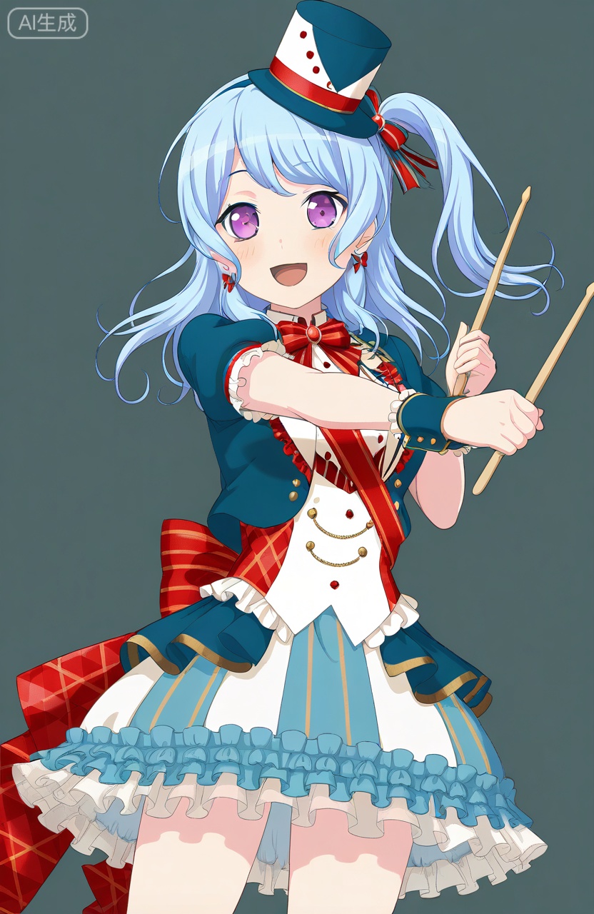 1girl,solo,long hair,blush,smile,bangs,skirt,simple background,shirt,hat,white background,ribbon,holding,jewelry,standing,purple eyes,jacket,hair ribbon,short sleeves,:d,hair bow,cowboy shot,earrings,frills,striped,puffy sleeves,bowtie,red bow,red ribbon,puffy short sleeves,blue skirt,wrist cuffs,one side up,blue bow,frilled skirt,outstretched arm,blue jacket,frilled sleeves,blue headwear,striped bow,light blue hair,back bow,striped ribbon,striped skirt,drumsticks,matsubara kanon,