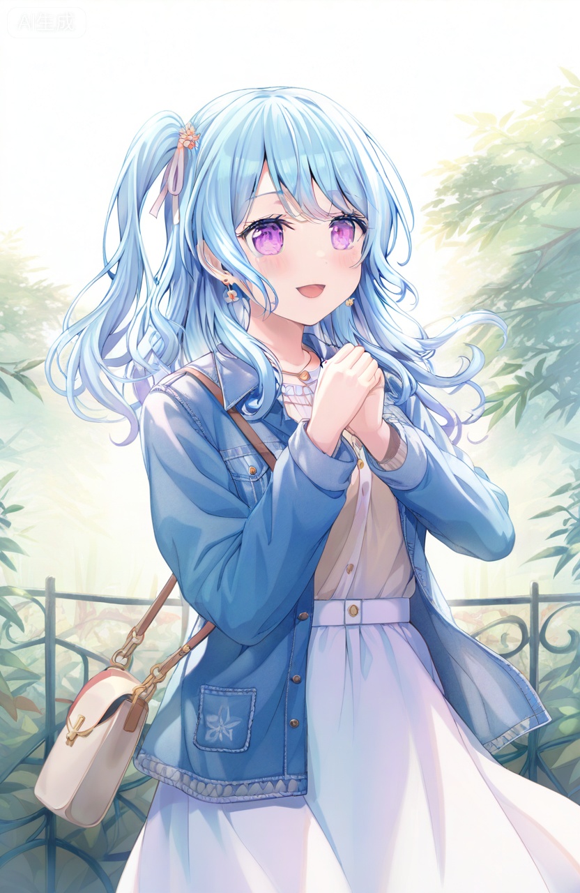 1girl,solo,long hair,blush,smile,bangs,skirt,shirt,hair ornament,long sleeves,white background,dress,ribbon,jewelry,blue hair,purple eyes,jacket,hair ribbon,:d,earrings,bag,one side up,white skirt,own hands together,blue jacket,shoulder bag,light blue hair,denim jacket,matsubara kanon,nature,in spring,