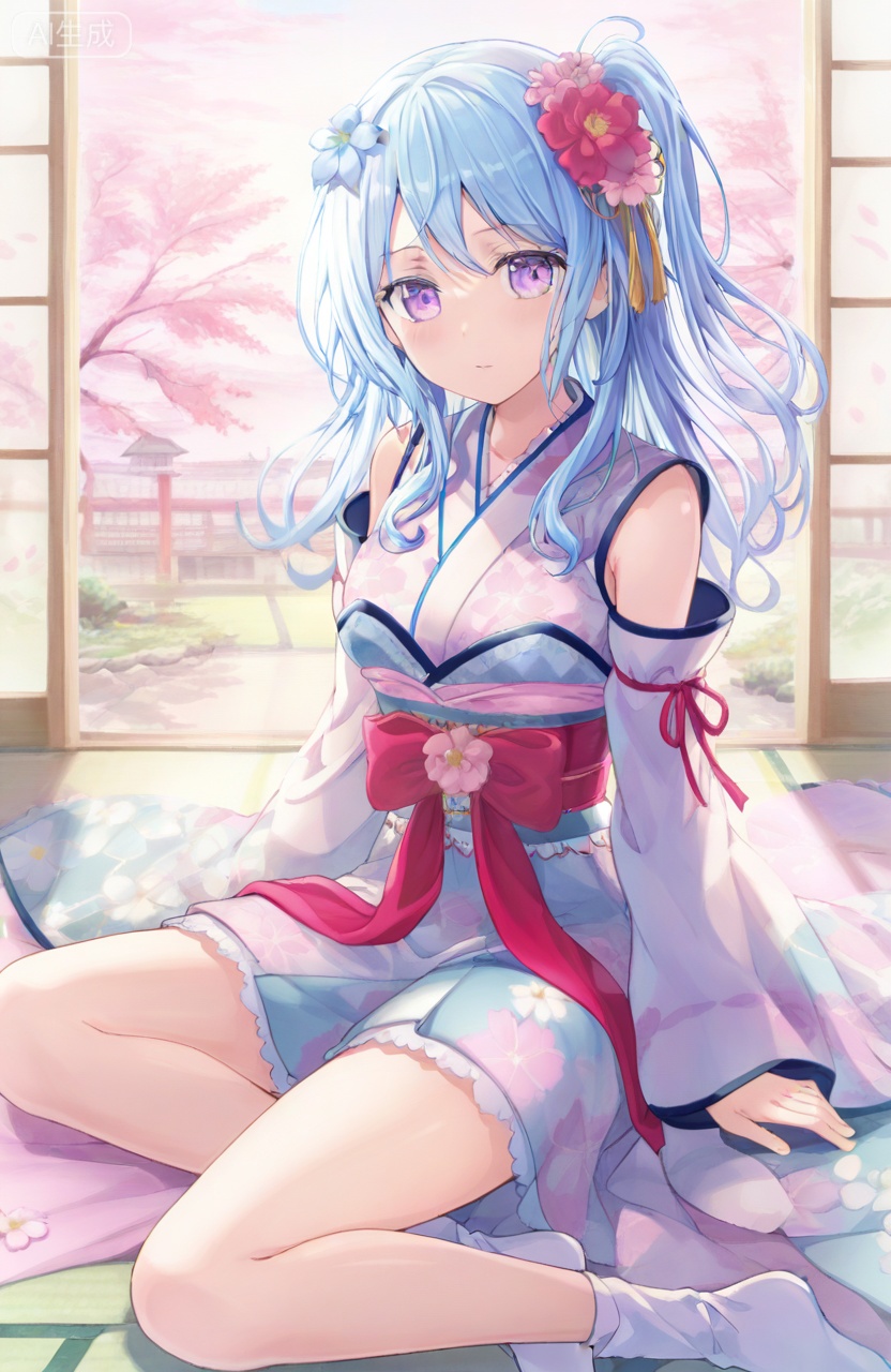 masterpiece, best quality, 1girl,solo,hair ornament,sitting,blue hair,purple eyes,flower,detached sleeves,japanese clothes,socks,hair flower,wide sleeves,kimono,window,cherry blossoms,matsubara kanon,