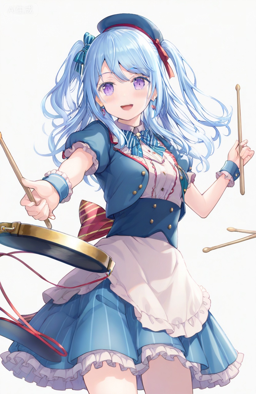 masterpiece, best quality,1girl,solo,long hair,blush,smile,bangs,skirt,simple background,shirt,hat,white background,ribbon,holding,jewelry,standing,purple eyes,jacket,hair ribbon,short sleeves,:d,hair bow,cowboy shot,earrings,frills,striped,puffy sleeves,bowtie,red bow,red ribbon,puffy short sleeves,blue skirt,wrist cuffs,one side up,blue bow,frilled skirt,outstretched arm,blue jacket,frilled sleeves,blue headwear,striped bow,light blue hair,back bow,striped ribbon,striped skirt,drumsticks,matsubara kanon,