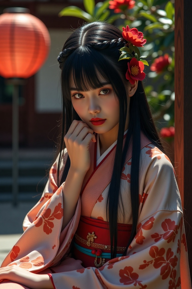 cinereal_portrait of A lone girl with long,  black hair adorned with a hair ornament and a braid sits in a serene outdoor...