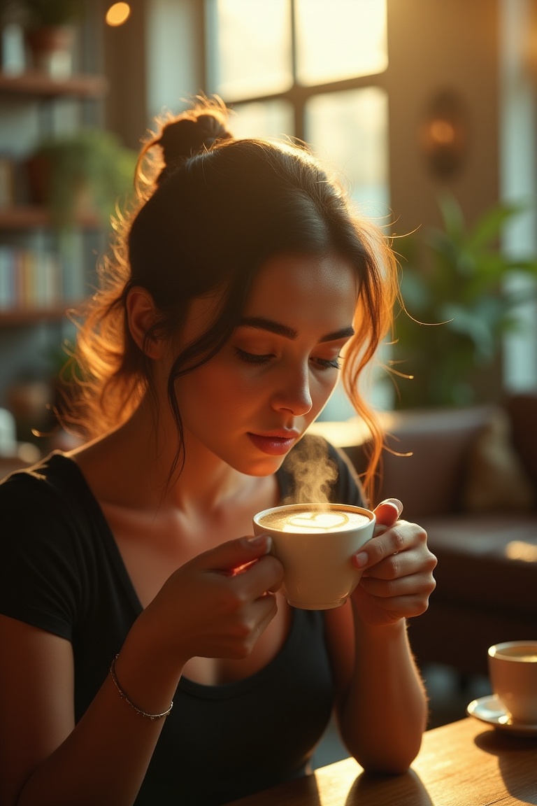 ultra cinematic realism,  photorealistic cinematic portrait of a beautiful young woman in her mid‑20s drinking a latte in...